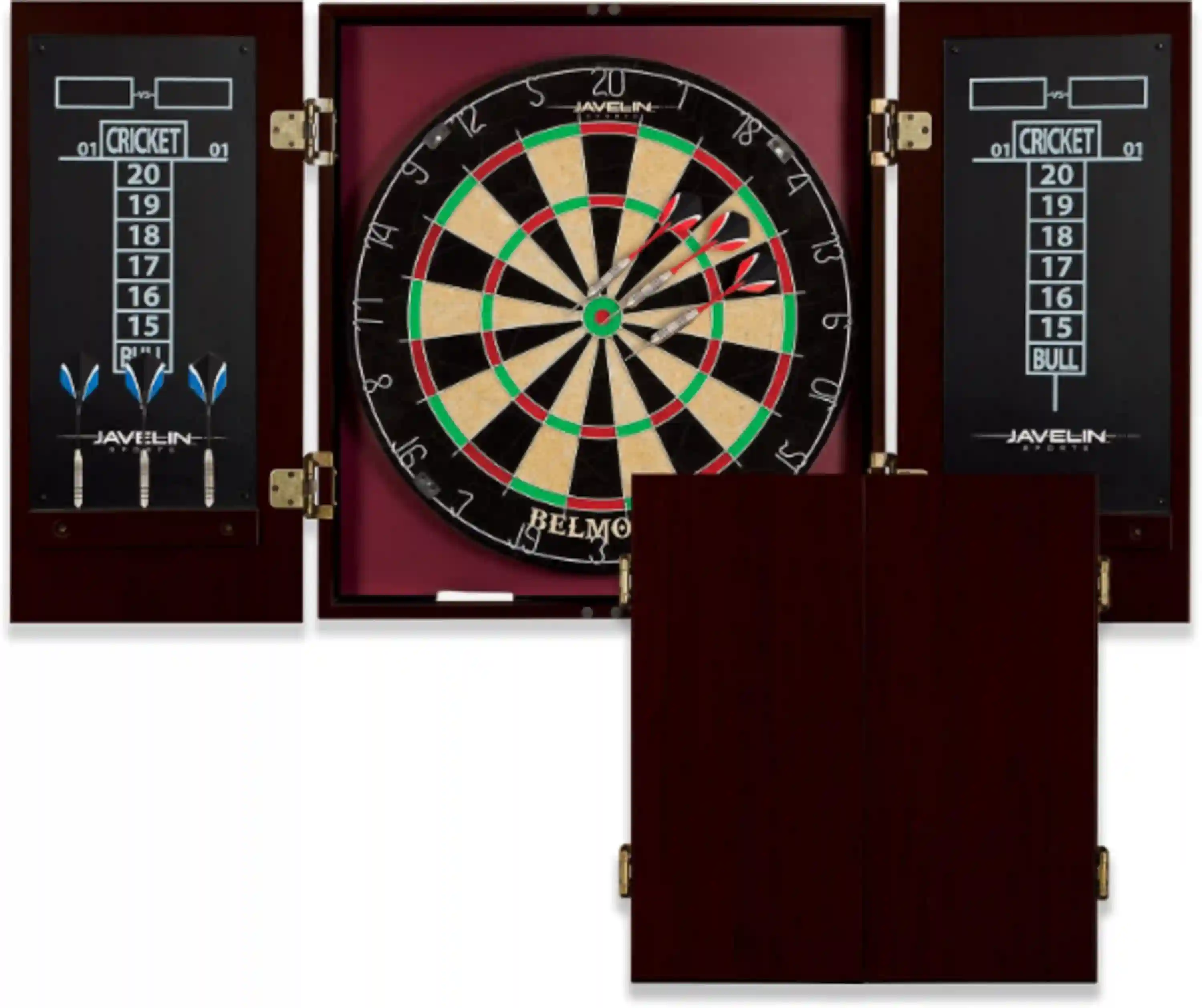 EastPoint Belmont Dart Board Cabinet with Steel Tip Darts and Scoreboards