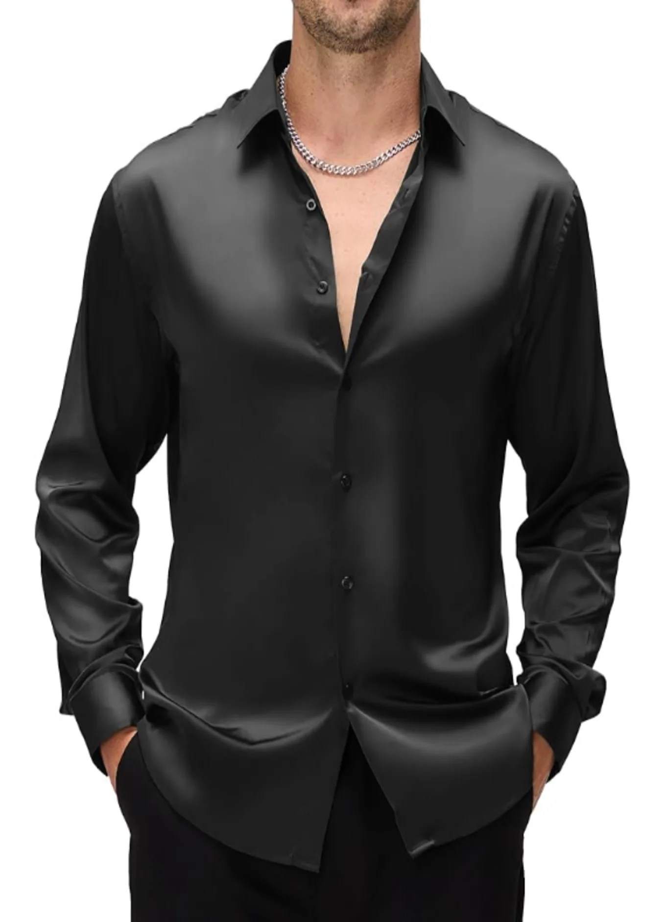 WARHORSEE Mens Silk Satin Dress Shirt Long Sleeve Shiny Button Up Wrinkle Resistant Regular Fit