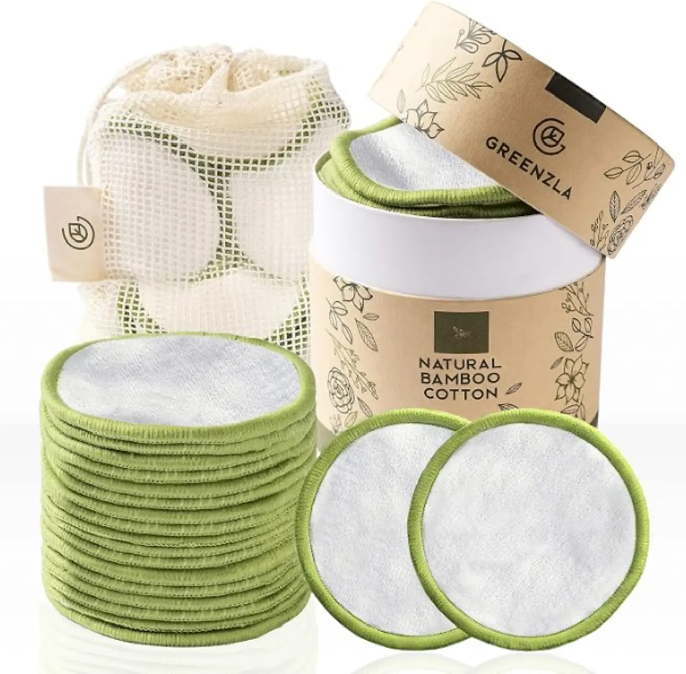 GREENZLA Reusable Makeup Remover Pads 20 Pack Bamboo Cotton Rounds