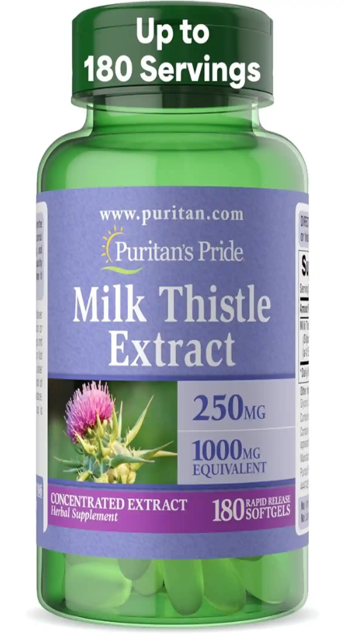 Puritans Pride Milk Thistle Silymarin 4 to 1 Concentration Extract 250mg 180 Rapid Release Softgels