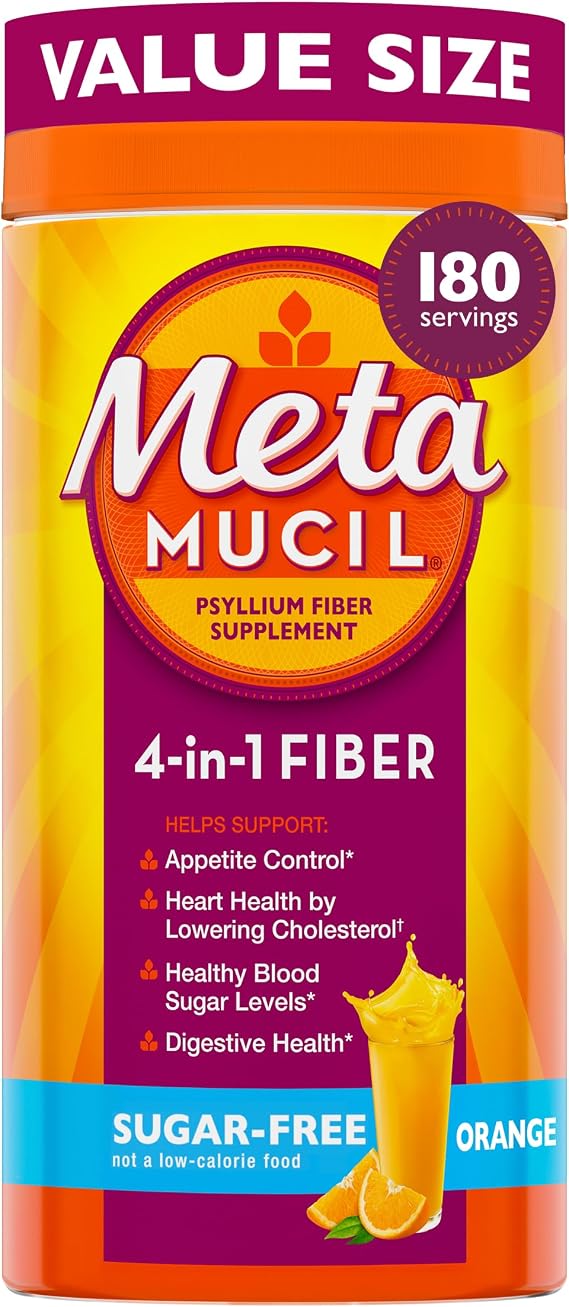 Metamucil 4 in 1 Psyllium Husk GLP 1 Friendly Fiber Supplement Sugar Free Orange Flavored 180 Teaspoons