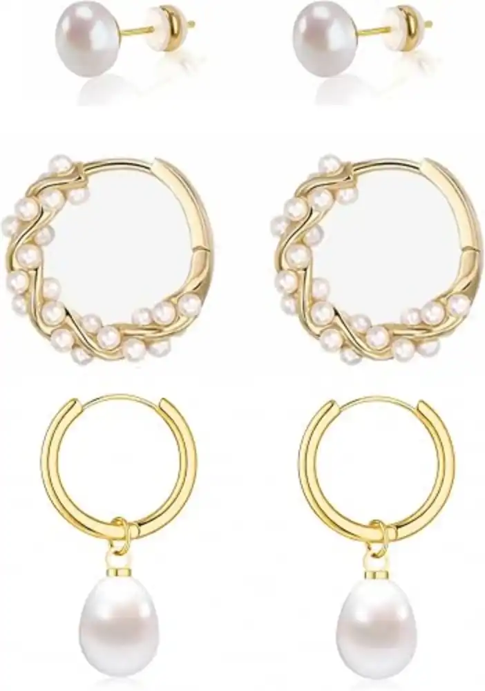 Luzelise Pearl Earrings Set for Women 14K Gold Pearl Stud Hoop Drop Huggie
