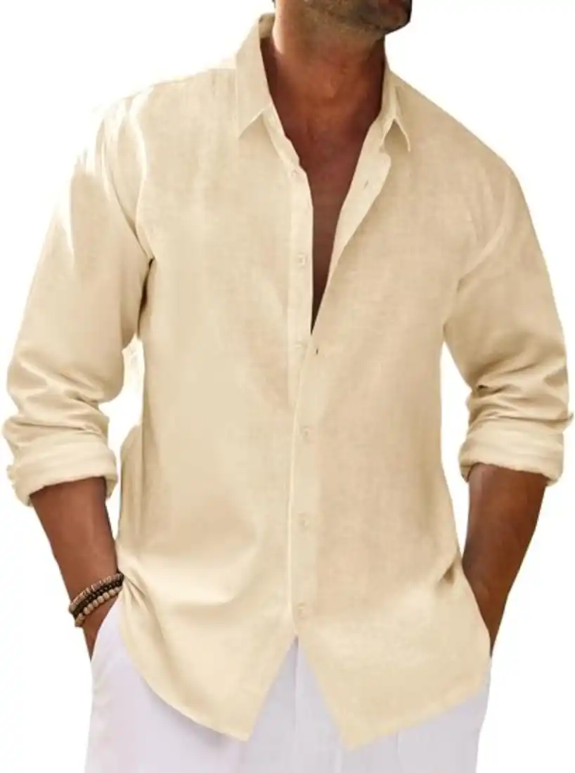 Runcati Mens Button Down Shirt Cotton Linen Casual Long Sleeve Shirts Spread Collar Hippie Beach Tops