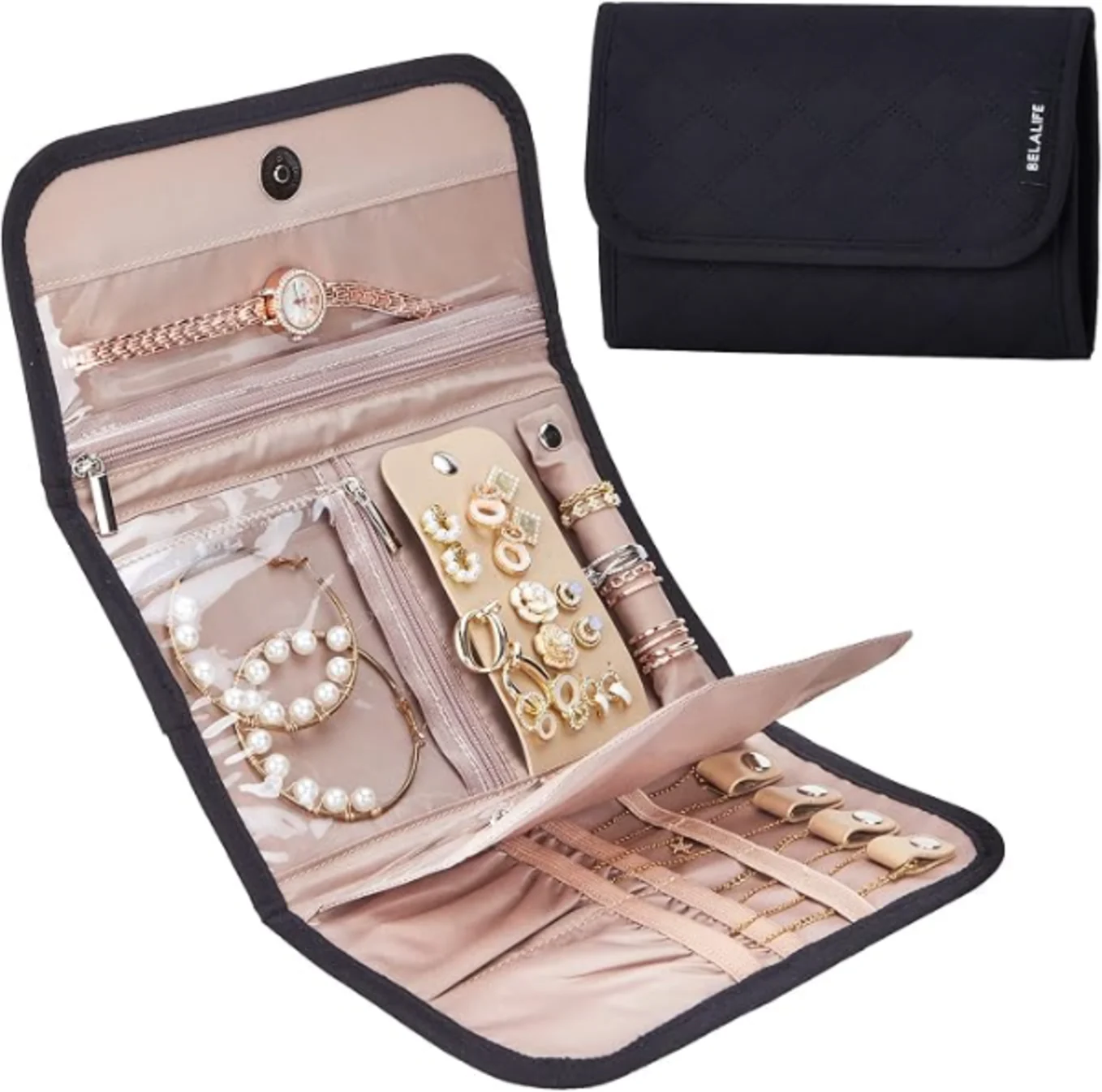 BELALIFE Travel Jewelry Case Organizer Roll for Accessories Black