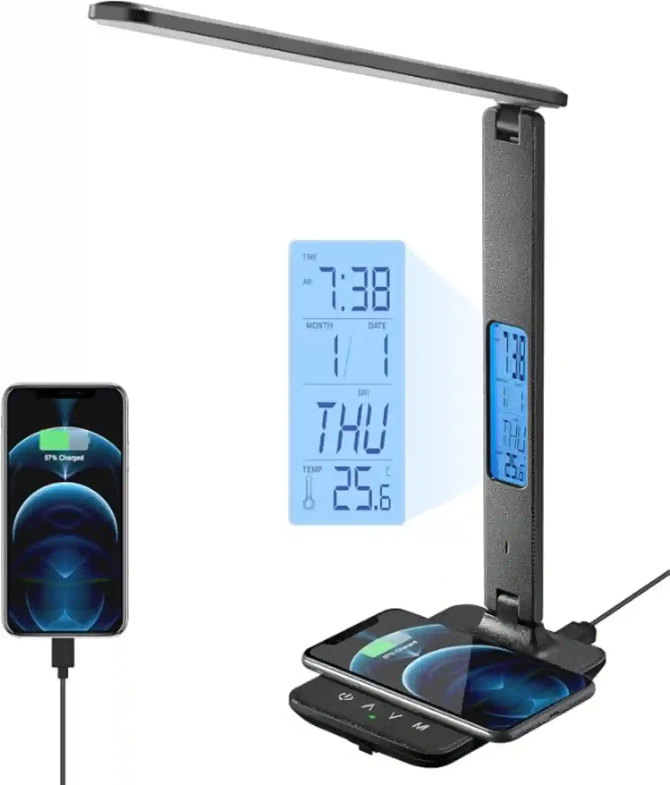 LED Desk Lamp with Wireless Charger USB Port and Digital LCD Calendar Alarm Clock for Home Office