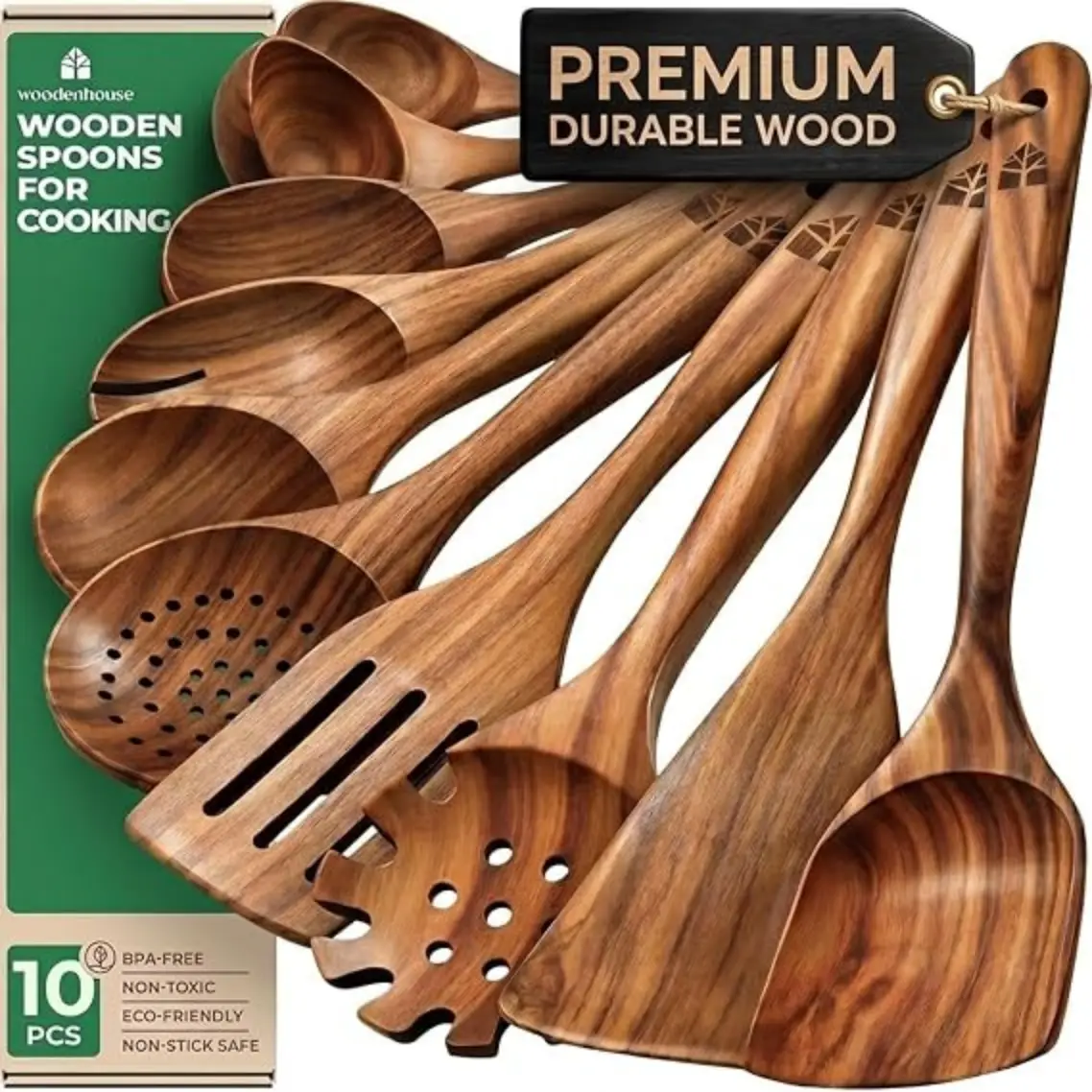 Woodenhouse Wooden Spoons for Cooking 10 Piece Teak Wood Utensil Set