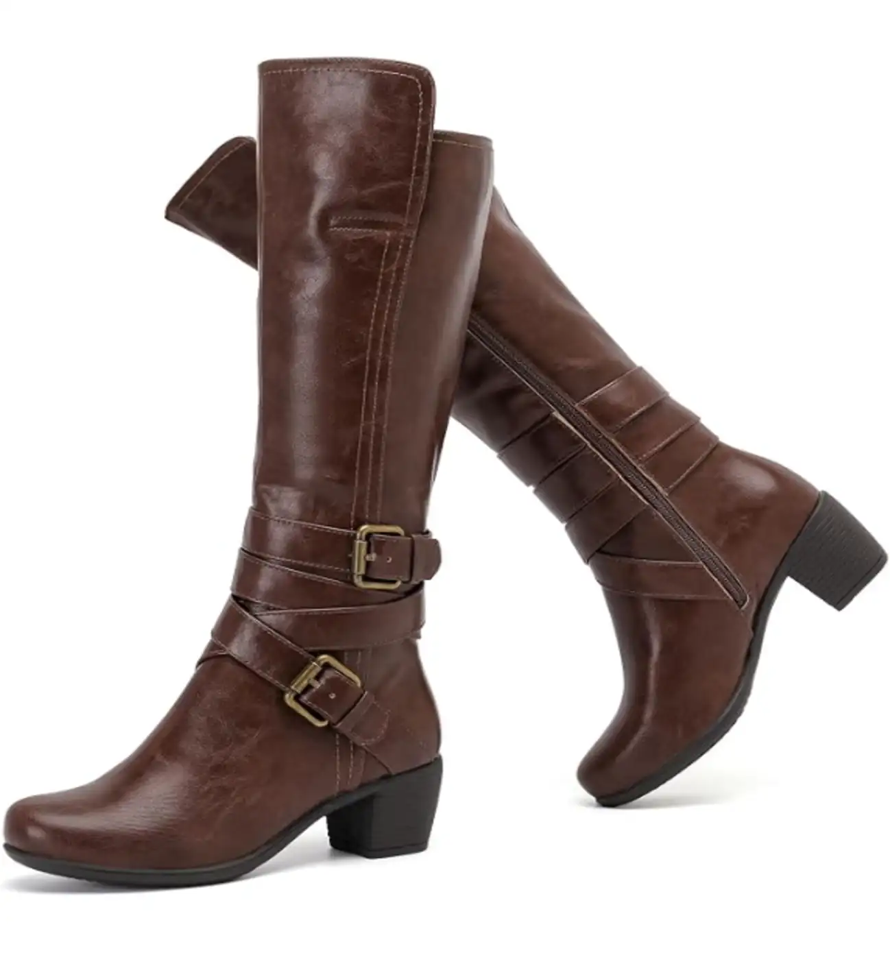 Ruiee Womens Knee High Boots Fashion Chunky Block Heel Faux Leather Side Zipper Booties