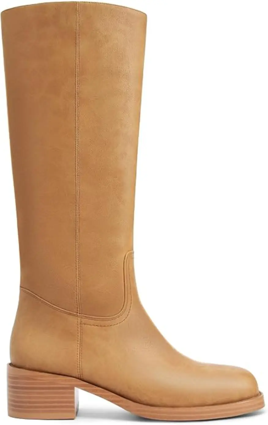 Gothictor Womens Banana Knee High Boots Square Toe Chunky Block Heel Wide Calf Riding Long Boots