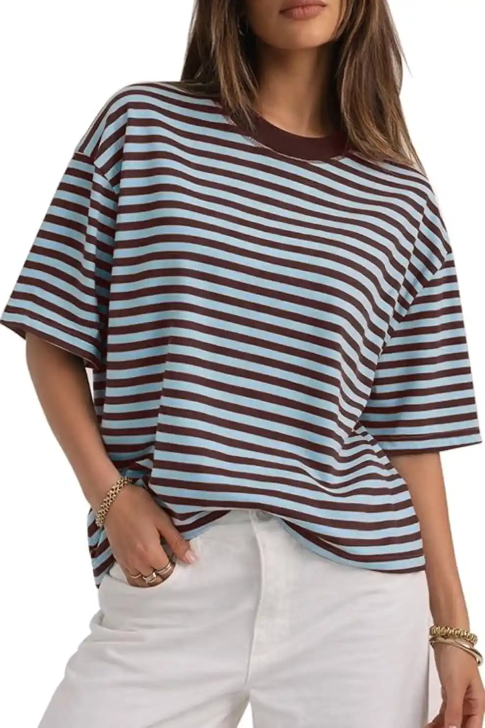 CHYRII Womens Oversized Striped T Shirt Short Sleeve Casual Crewneck Summer Y2K Top