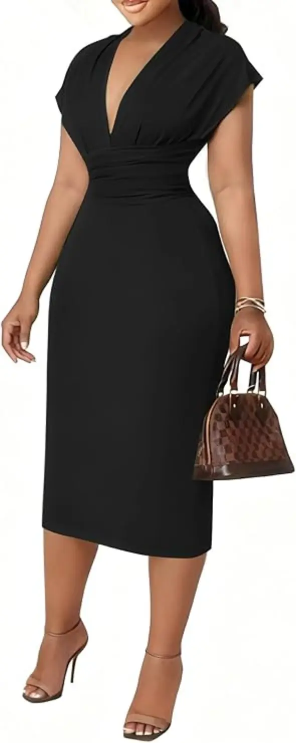 Womens Bodycon Midi Dress Deep V Neck Cap Sleeve Ruched High Waist Stretchy Dress