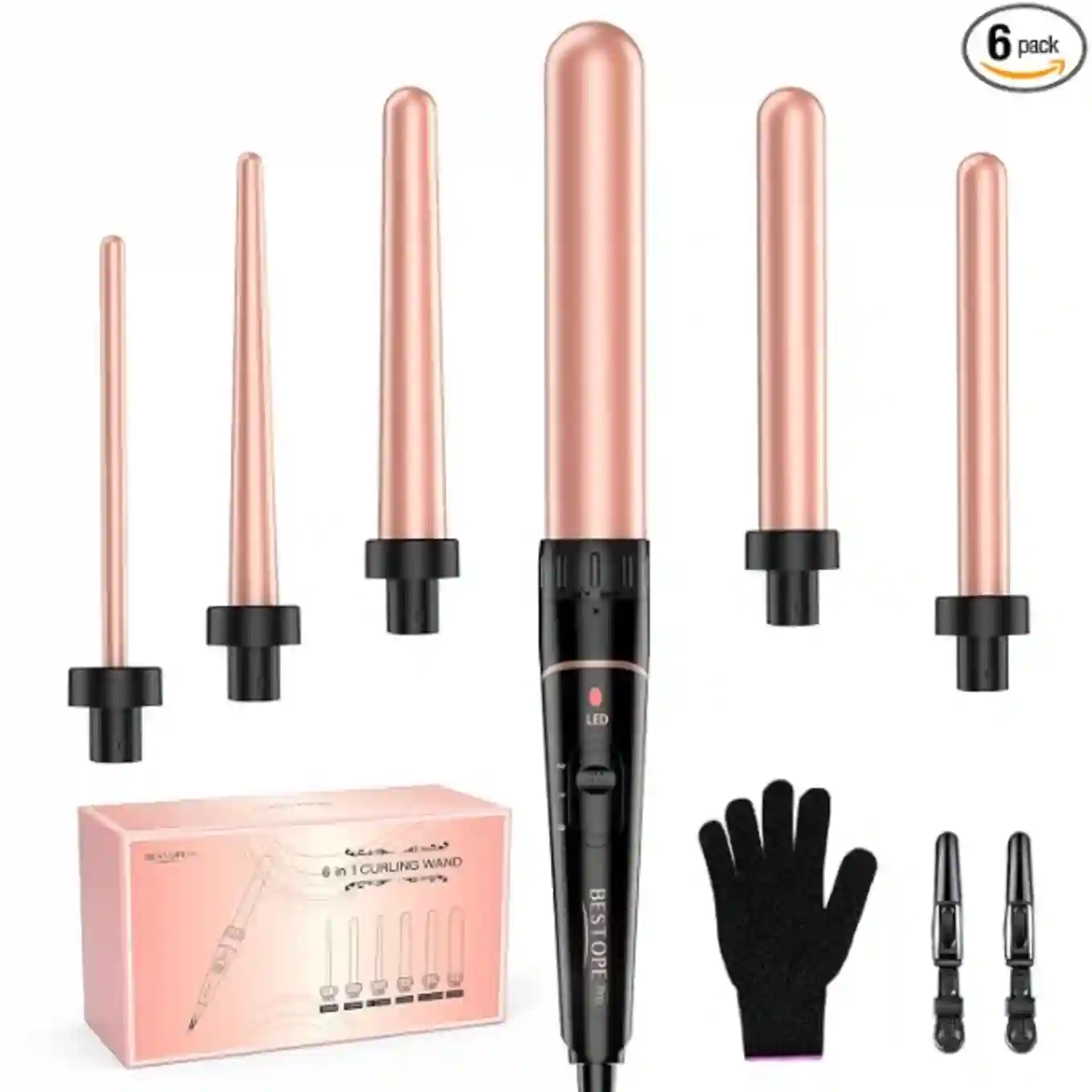BESTOPE PRO 6 in 1 Long Barrel Curling Wand Set Rose Gold