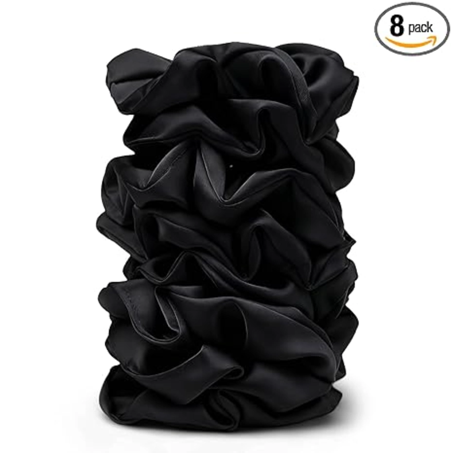 SEVEN STYLE Satin Scrunchies 8PCS Black Silk Hair Ties No Crease
