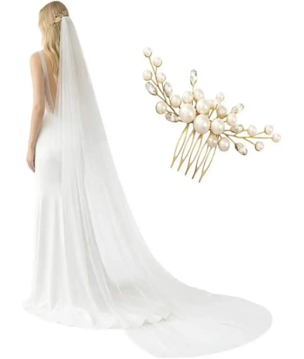 118 Inch Two Tier Chapel Length Wedding Veil With Pearl Hairpin