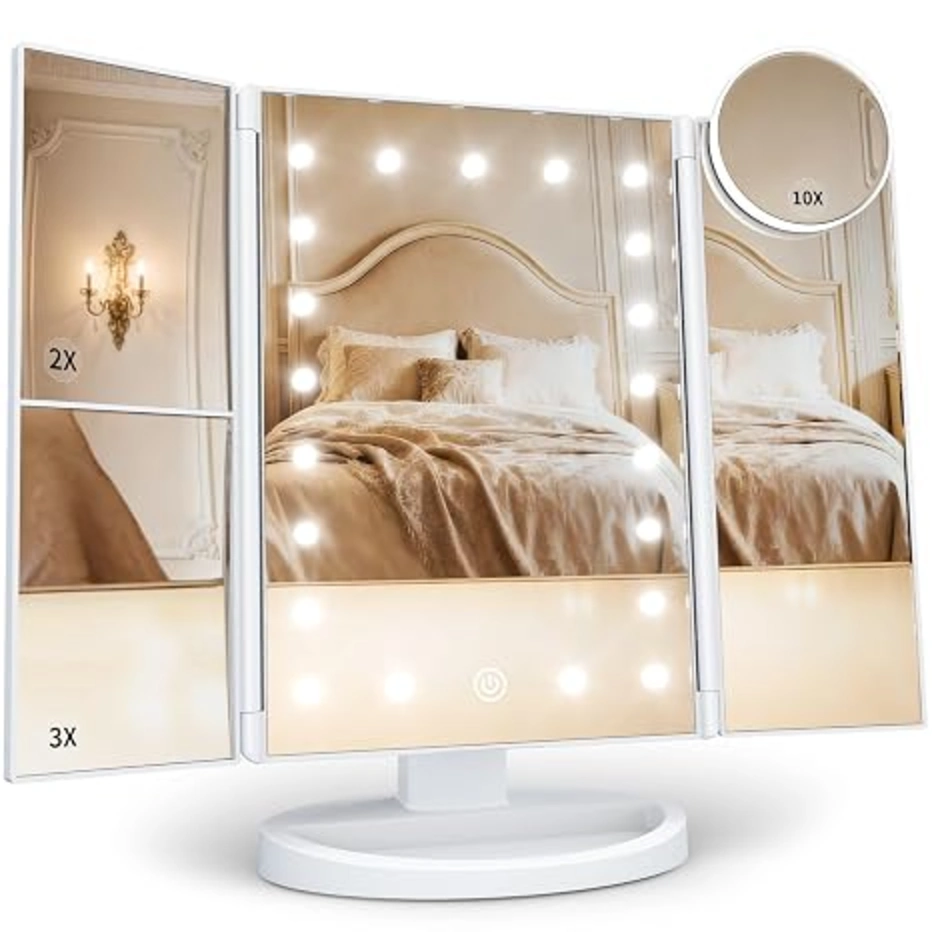 HUONUL Trifold Magnifying Vanity Mirror with Light 2X 3X 10X