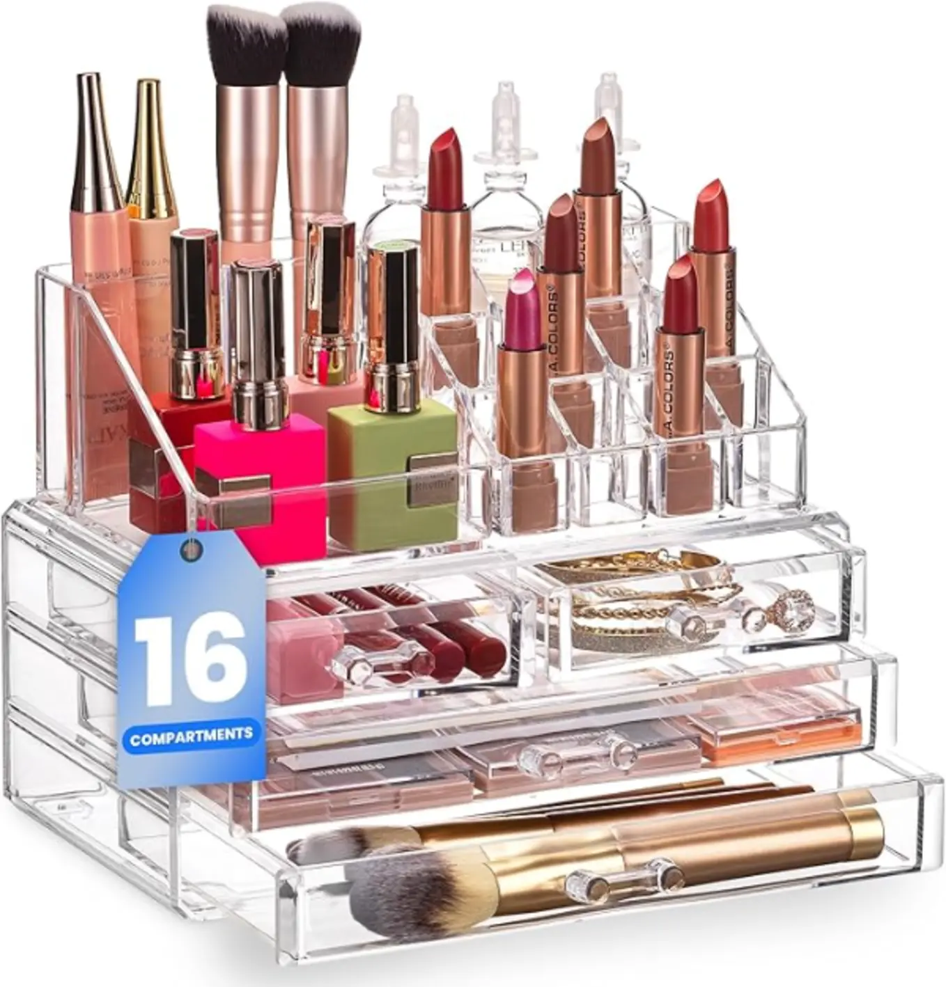 Masirs Clear Acrylic Makeup Organizer with 4 Drawers 16 Compartments
