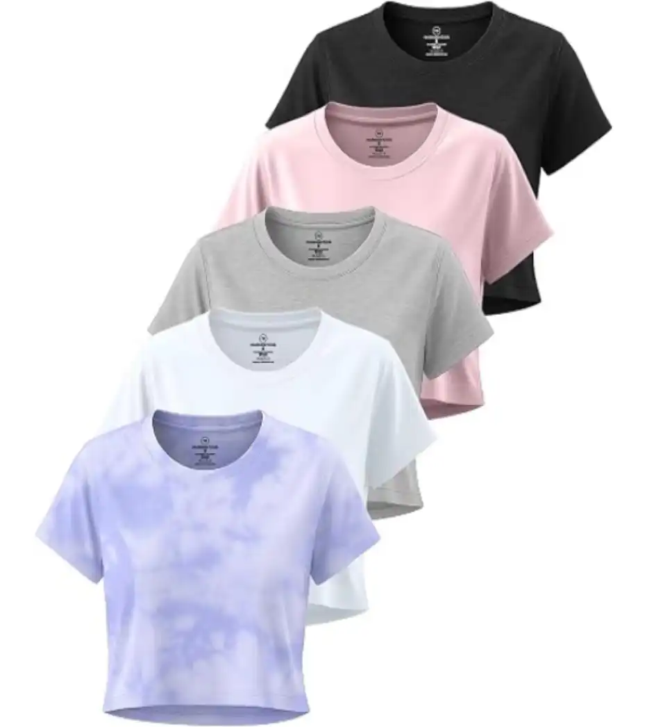 Real Essentials 5 Pack Women's Dry Fit Short Sleeve Crop Top Workout T-Shirts