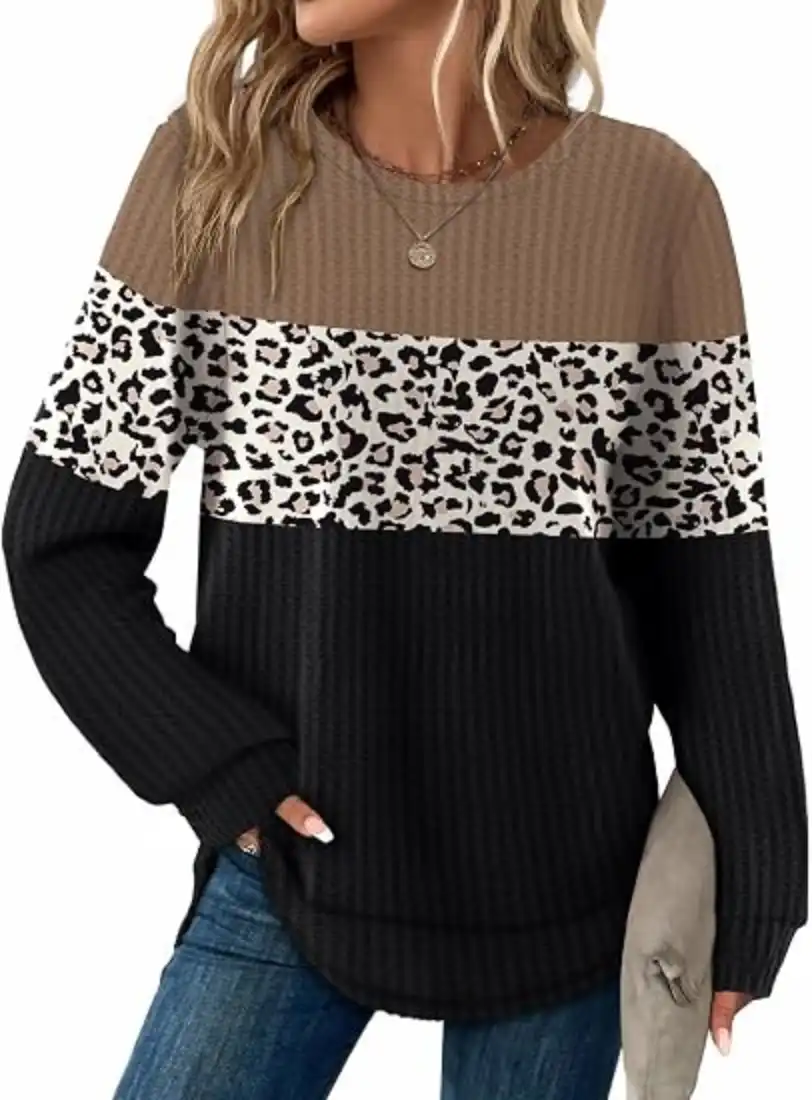 WIHOLL Womens Waffle Knit Tunic Tops Fall Long Sleeve Shirts Curved Hem Crewneck