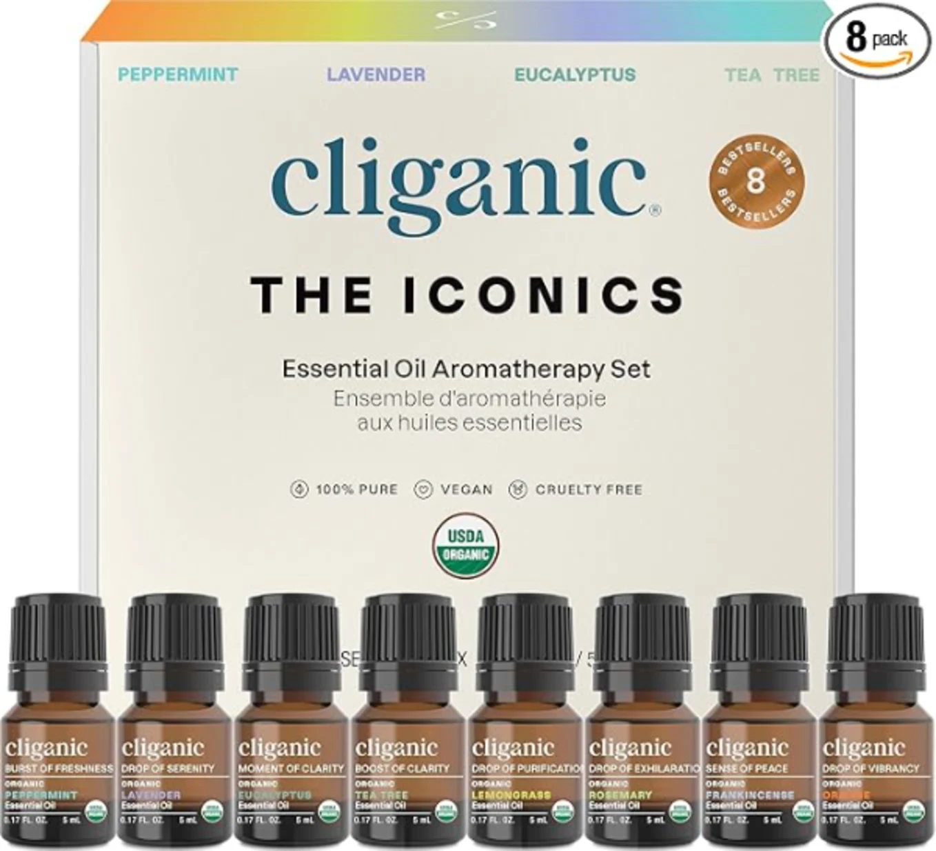 Cliganic Organic Essential Oils Gift Set Top 8 Iconics for Aromatherapy Diffuser