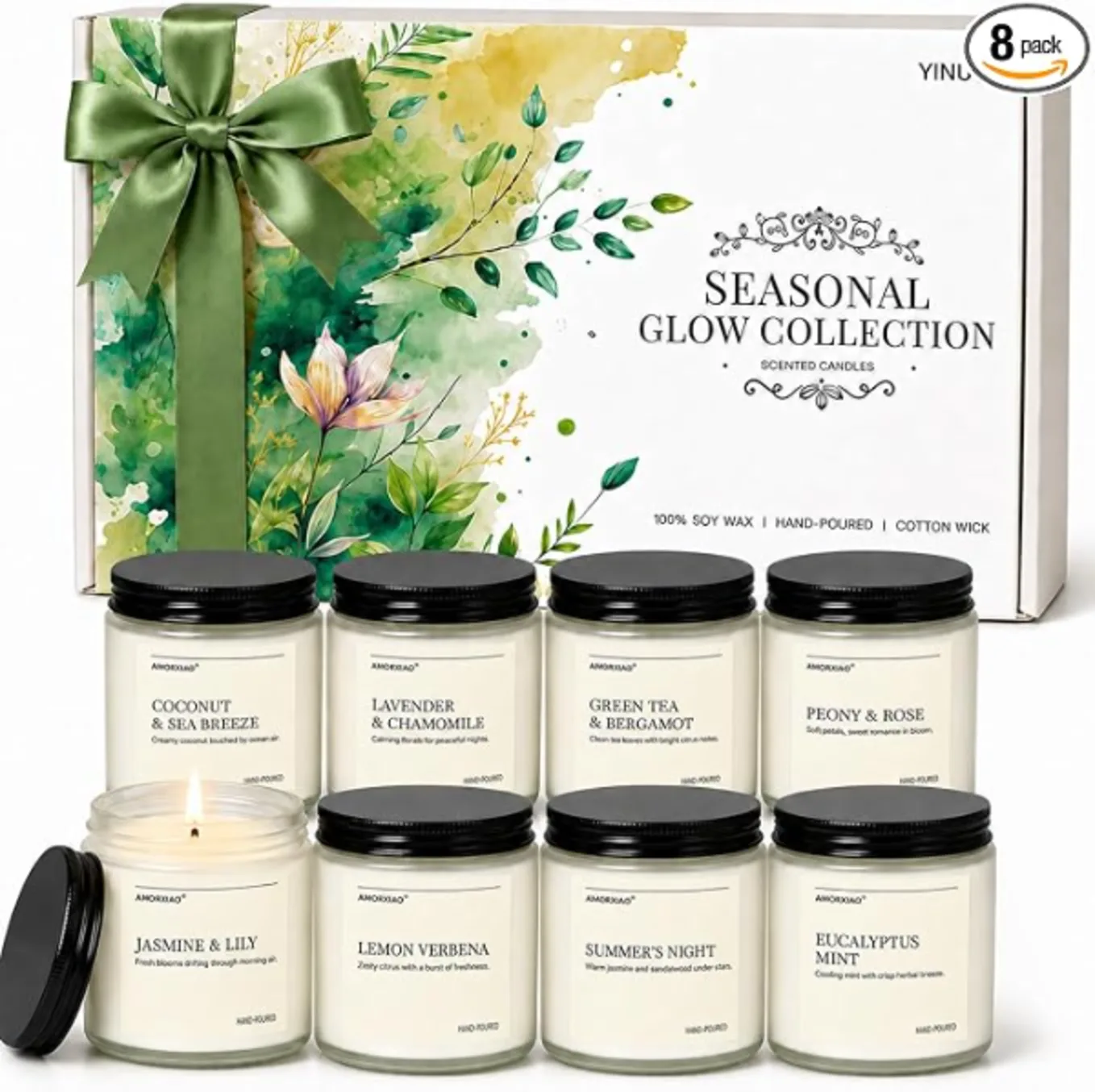 YINUO LIGHT Scented Candles Gift Set 8 Pack Soy Wax Jar Candles with Floral Scents