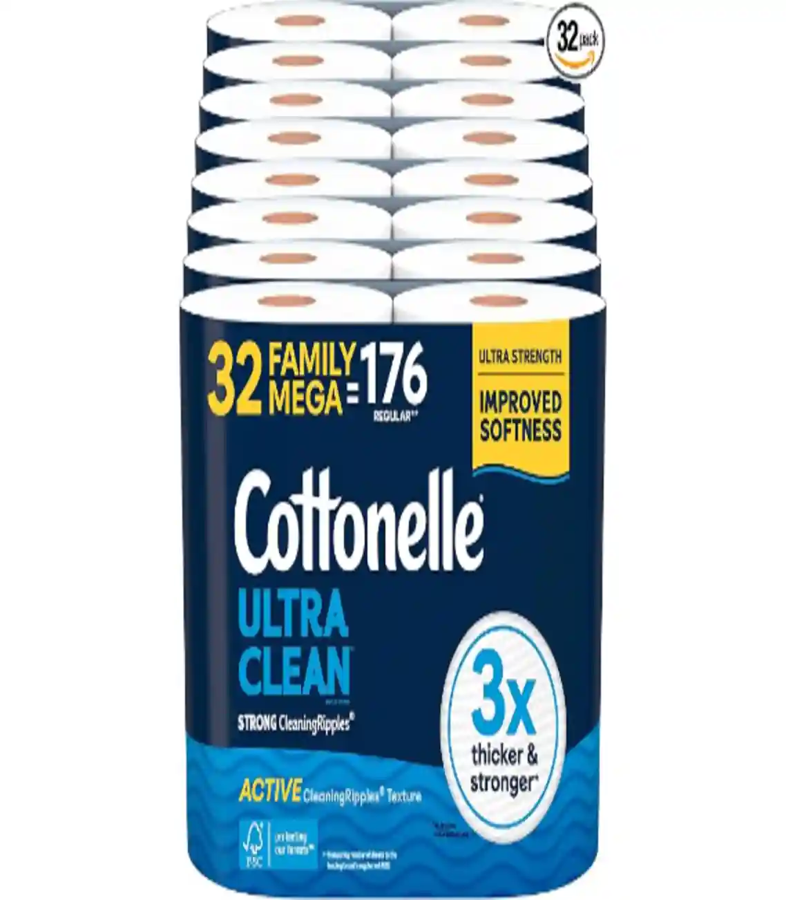 Cottonelle Ultra Clean Toilet Paper, 32 Family Mega Rolls, Soft Clog-Free Bath Tissue