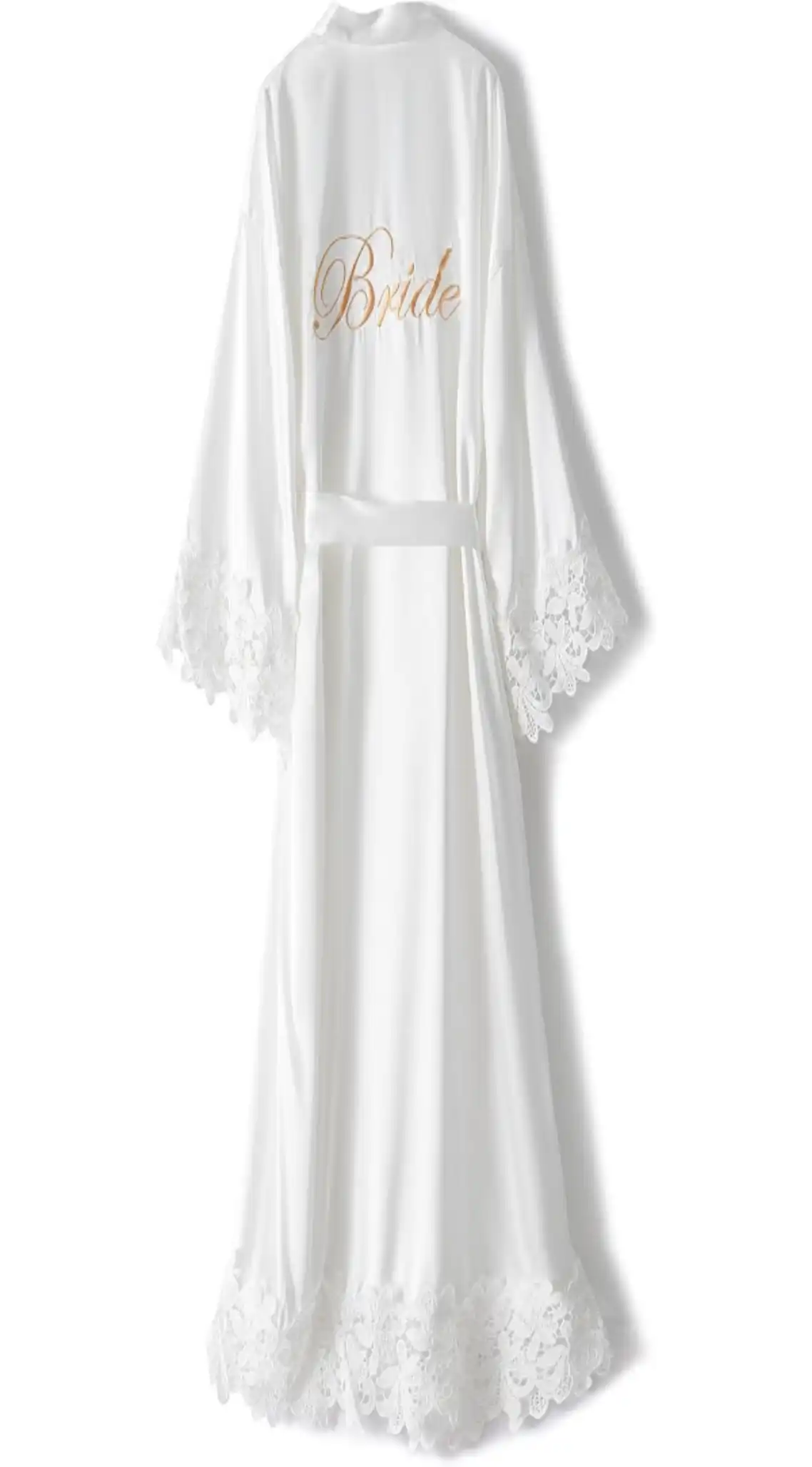 Womens Lace Trim Long Bridal Kimono Robe Satin Bridesmaid Bathrobe Embroidery