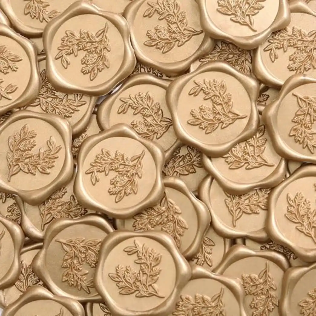 UNIQOOO Wax Seal Stickers Eucalyptus Wedding Invitation Seals 50 Pack Self Adhesive Prosecco Light Gold Stickers