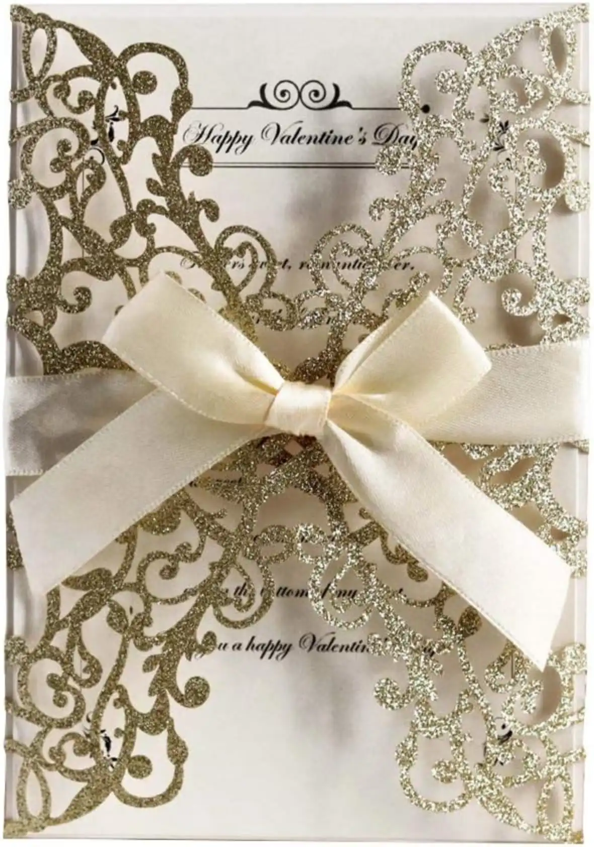 AdasBridal 50Pcs Gold Glitter Floral Laser Cut Wedding Invitation Cards Blank with Envelopes Ribbons