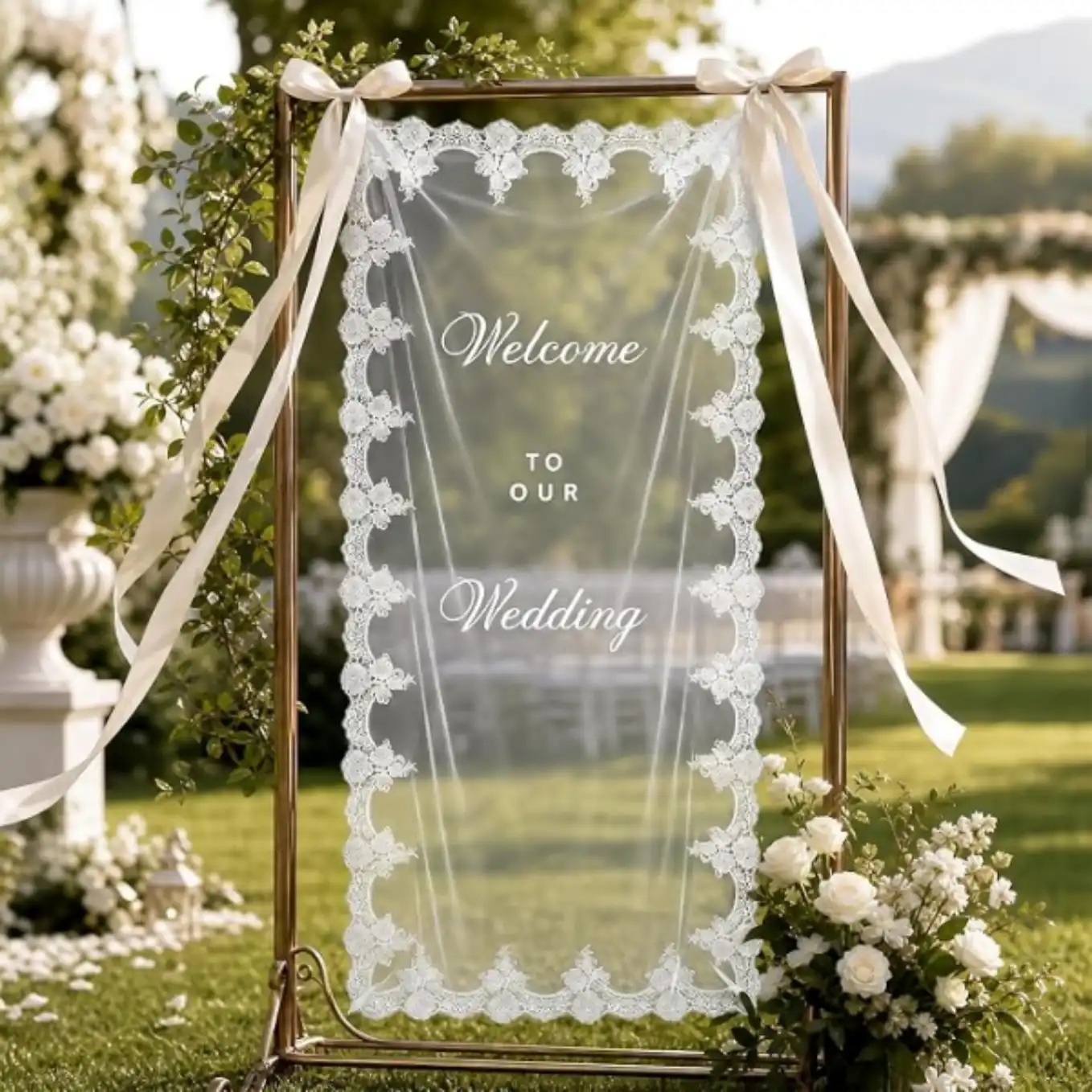 Large Sheer Lace Wedding Welcome Banner Sign with Ribbon for Entrance Decor
