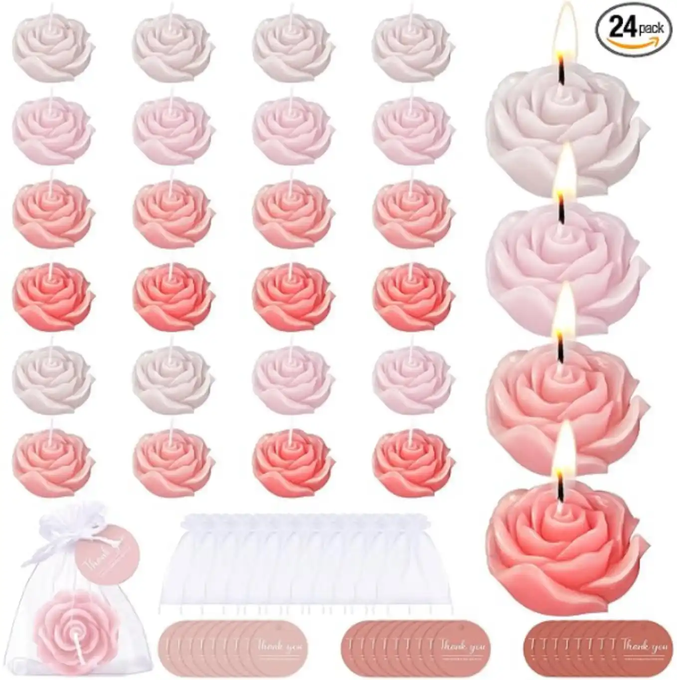 Treela 24 Set Rose Flower Candles Pink Champagne Wedding Favors for Guests