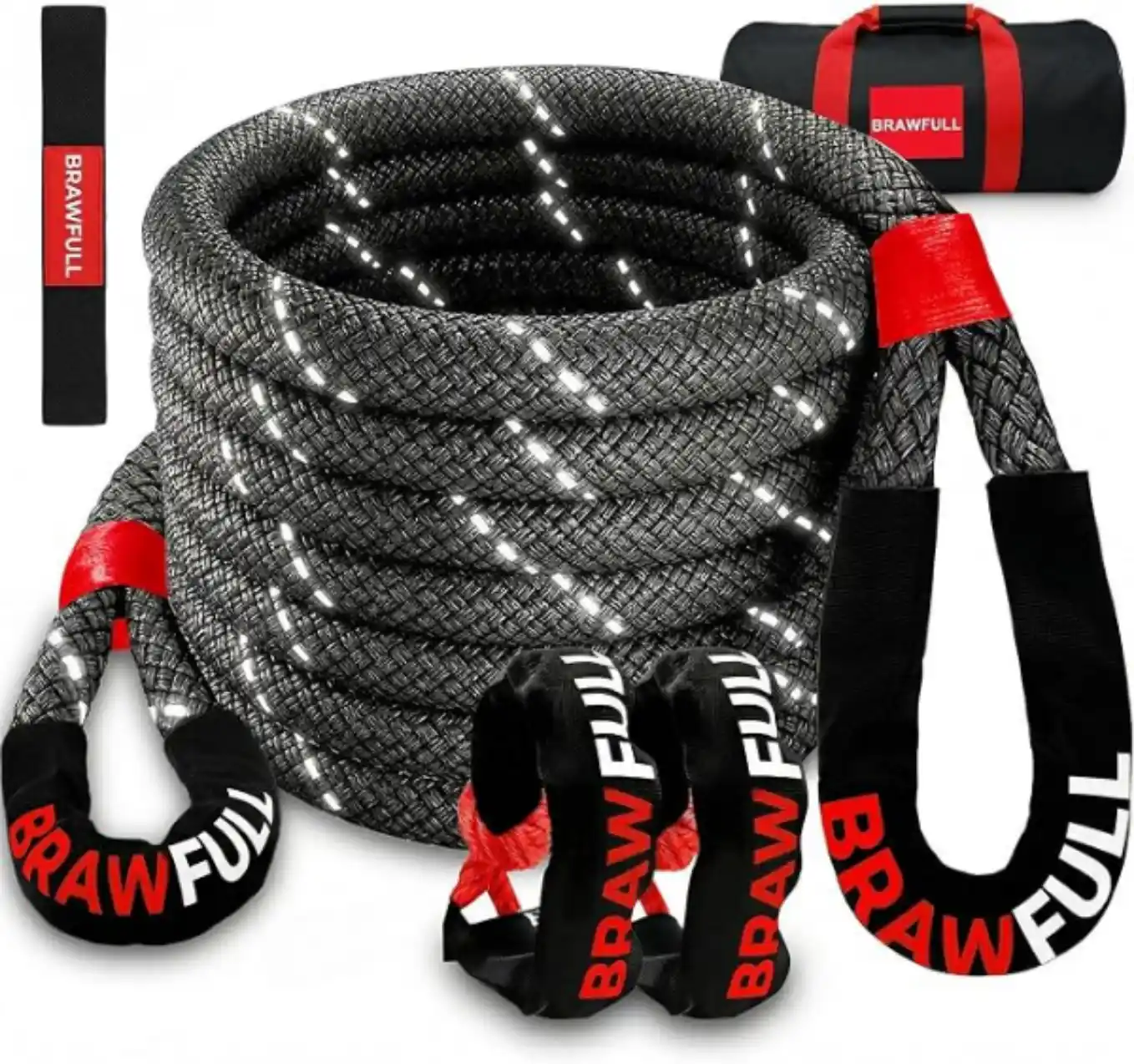 BRAWFULL Kinetic Recovery Rope Heavy Duty Snatch Strap Kit with Soft Shackles