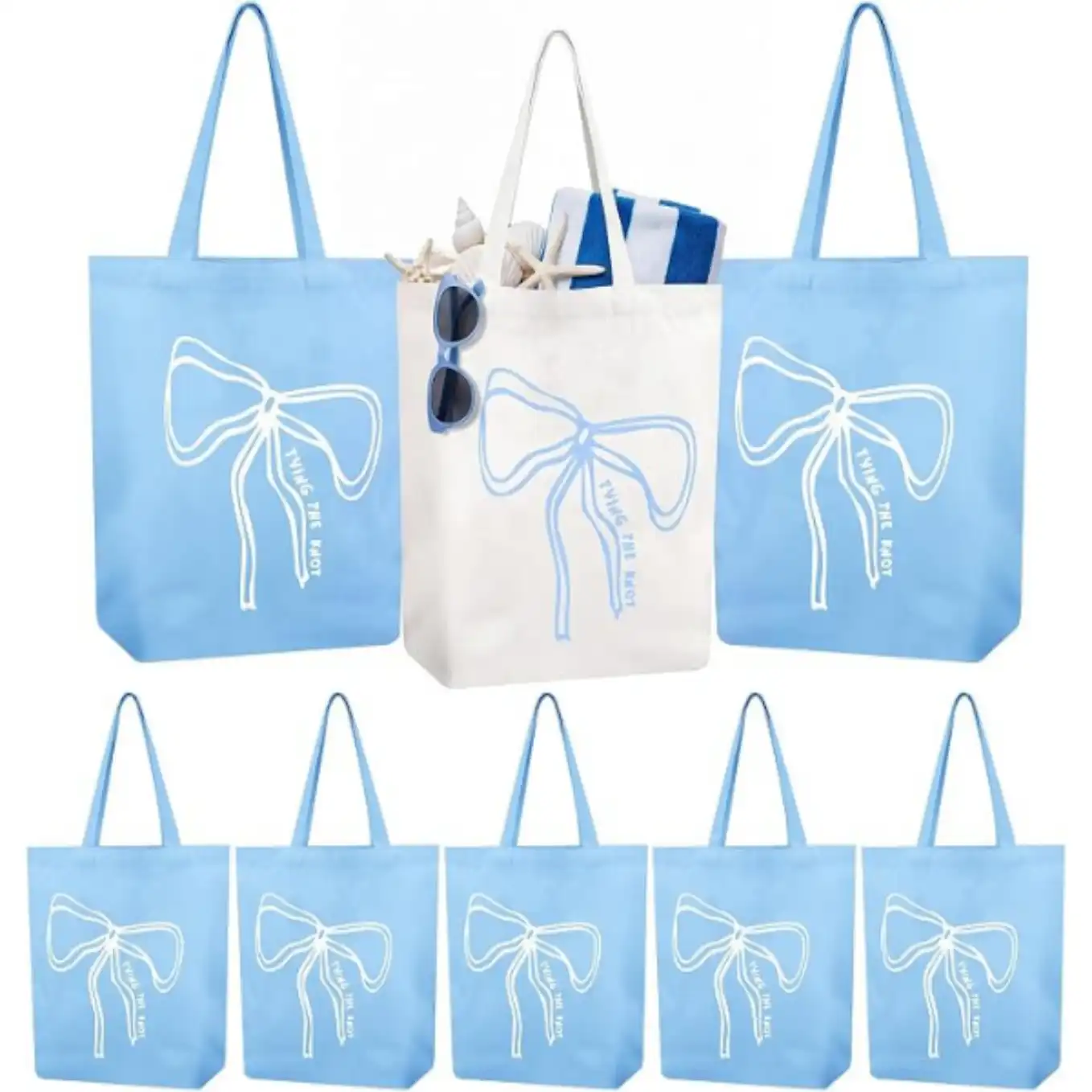 Shinylin 8 Pcs Tying The Knot Blue Bow Bachelorette Canvas Tote Bags