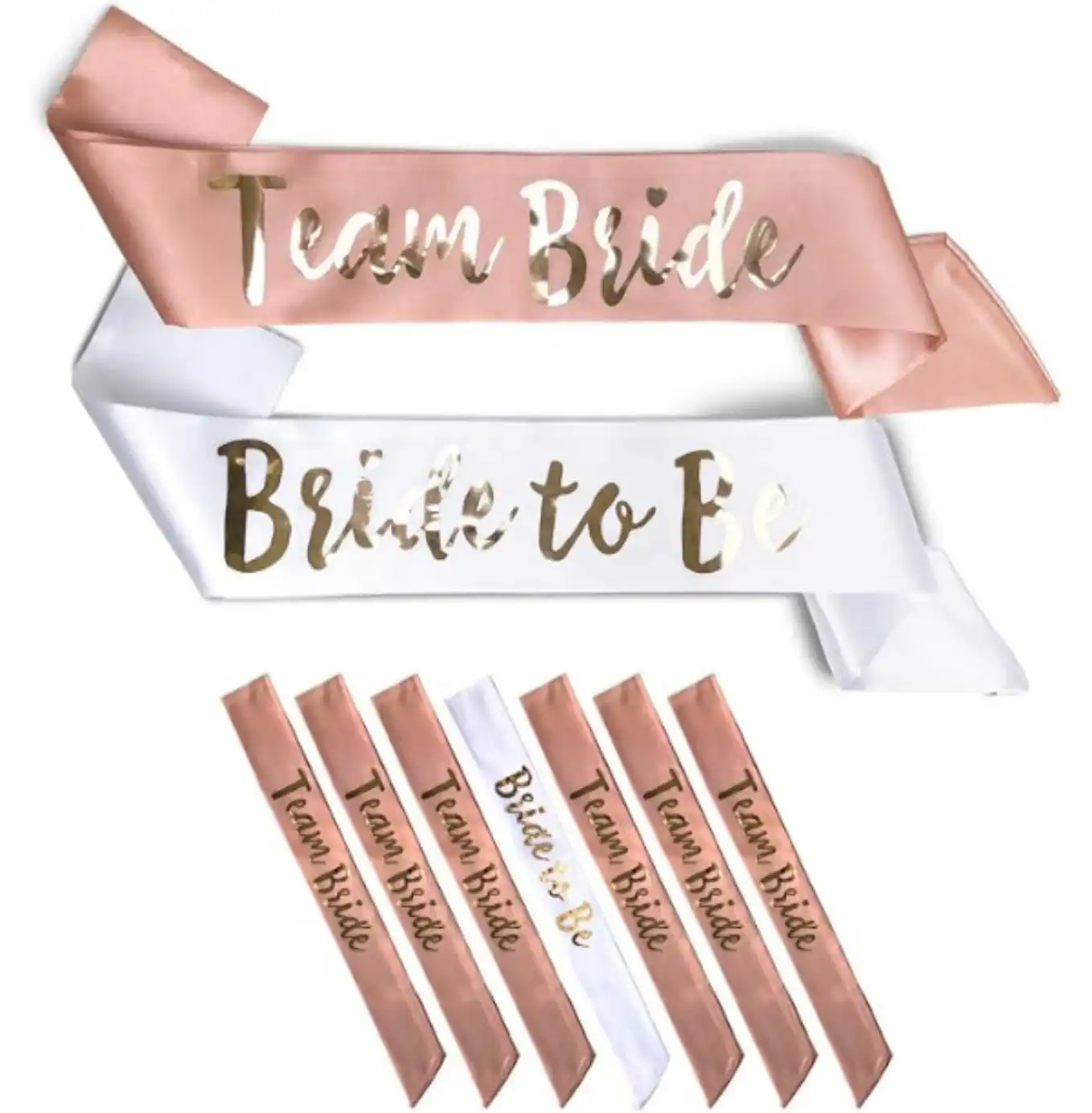 Team Bride 7 Piece Satin Sash Set Rose Gold Bachelorette Party Favors