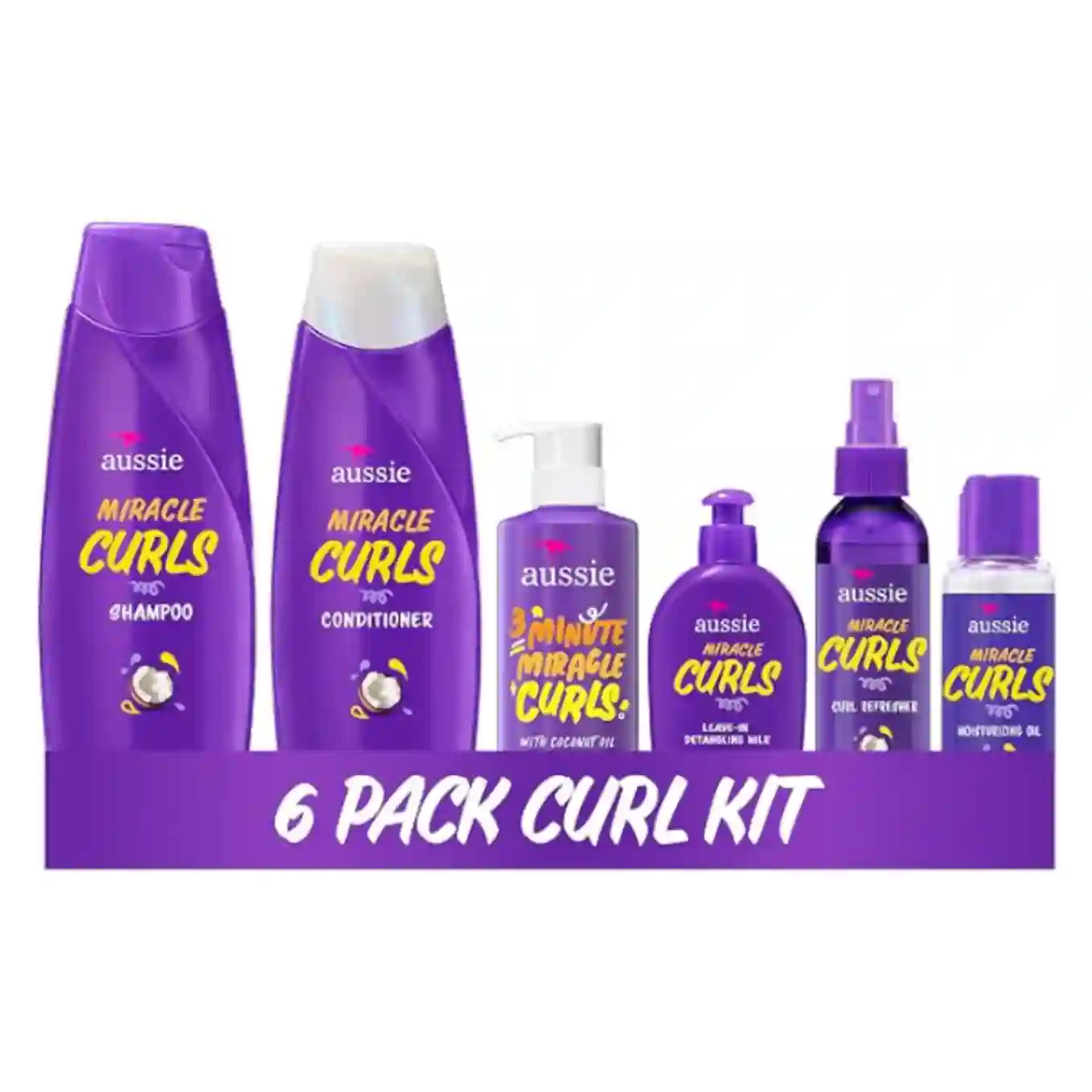 Aussie Miracle Curls 6-Piece Set Shampoo Conditioner Deep Conditioner Refresher Gel Detangling Milk Oil Treatment