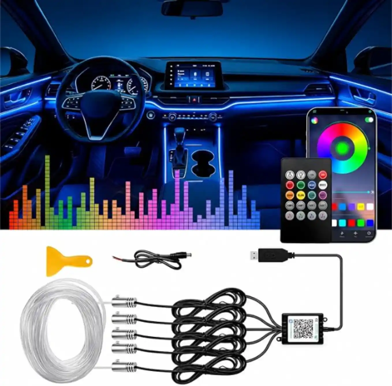 Vynthvy Interior Car LED Strip Lights Five In One RGB Ambient Lighting Two Hundred Thirty Six Inches Fiber Optic