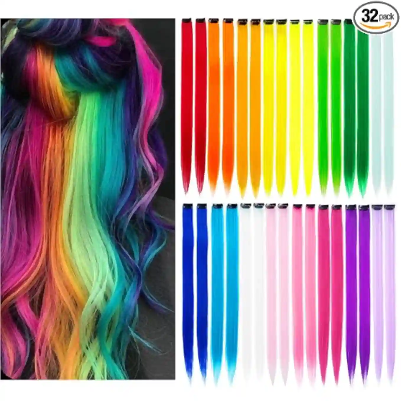 KGBFASS 32Pcs Colored Hair Extensions 20Inch Straight Clip In Rainbow Party Highlights Synthetic Hairpiece Set