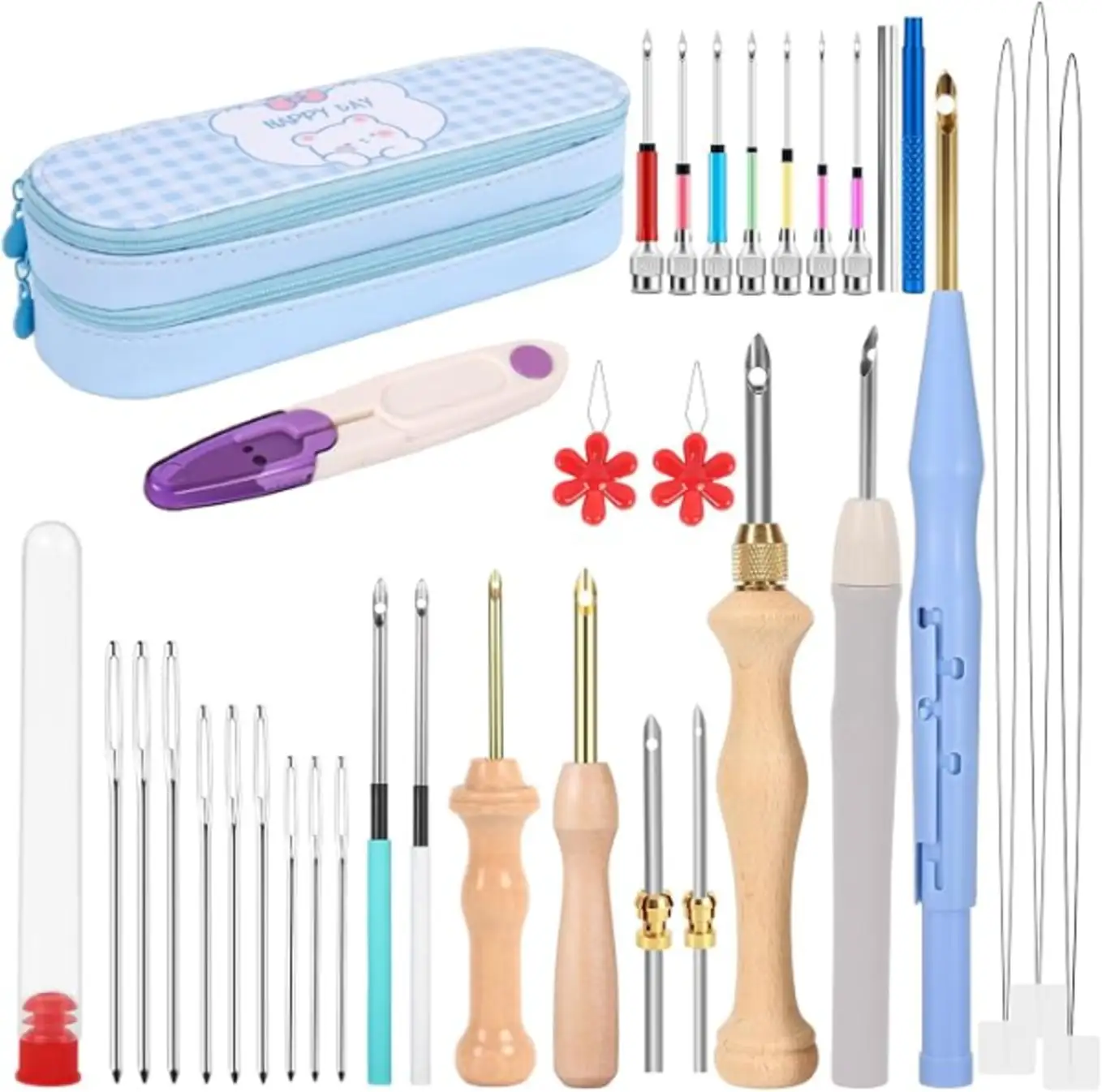 35Pcs Punch Needle Kit Adult Beginner Adjustable Wooden Embroidery Pen Tool Set with Storage Case