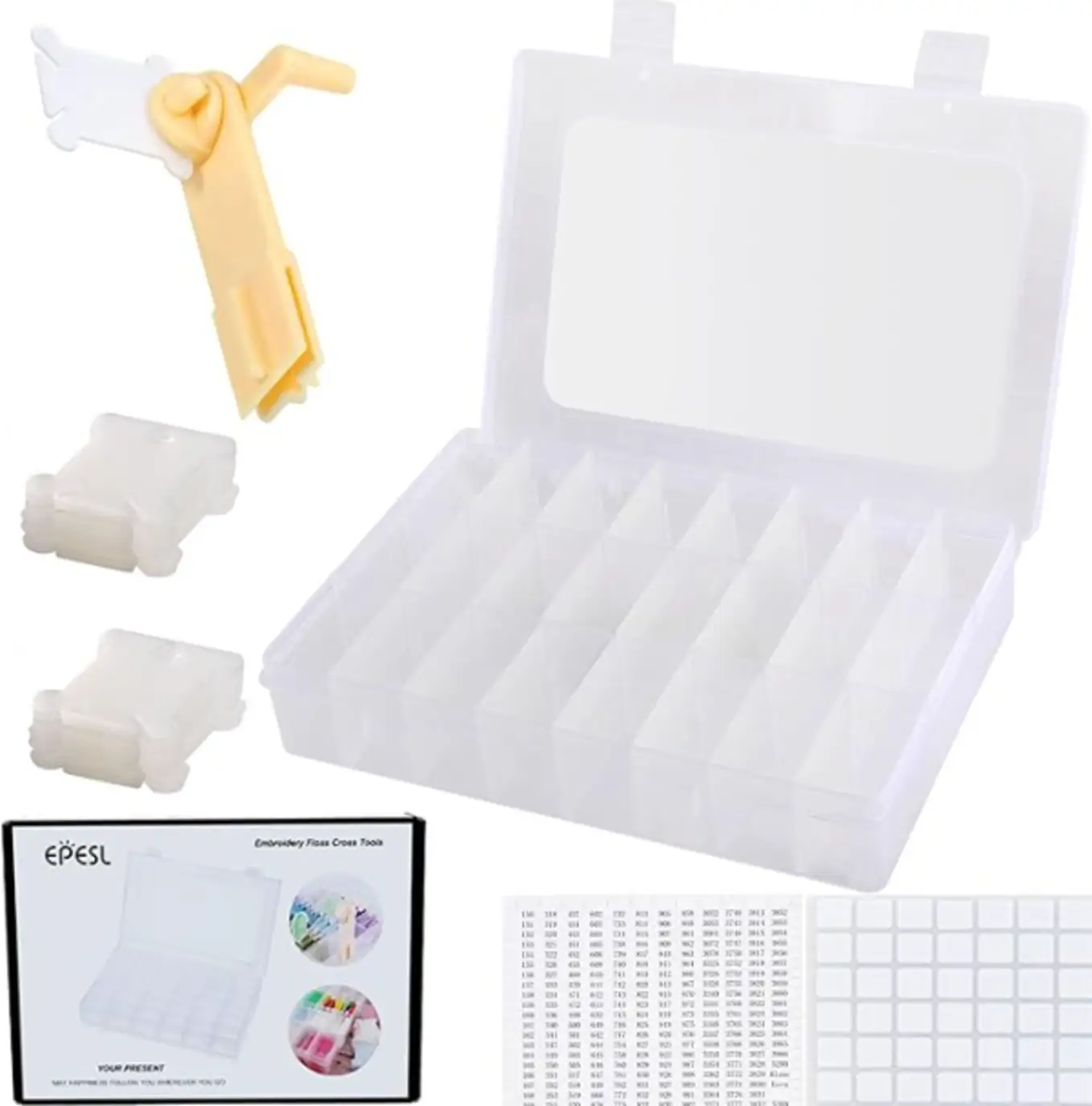 Epesl Embroidery Floss Organizer Cross Stitch Thread Storage Box with Bobbin Winder Plastic Bobbins and Stickers