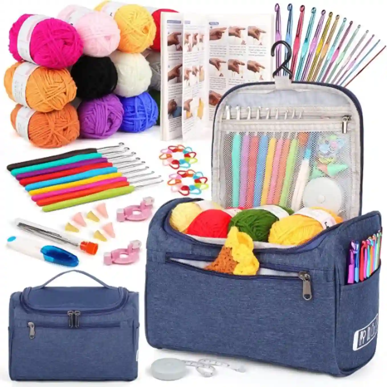 Aeelike Complete Crochet Kit for Beginners Adults Kids with Hooks Acrylic Yarn and Navy Tote Bag