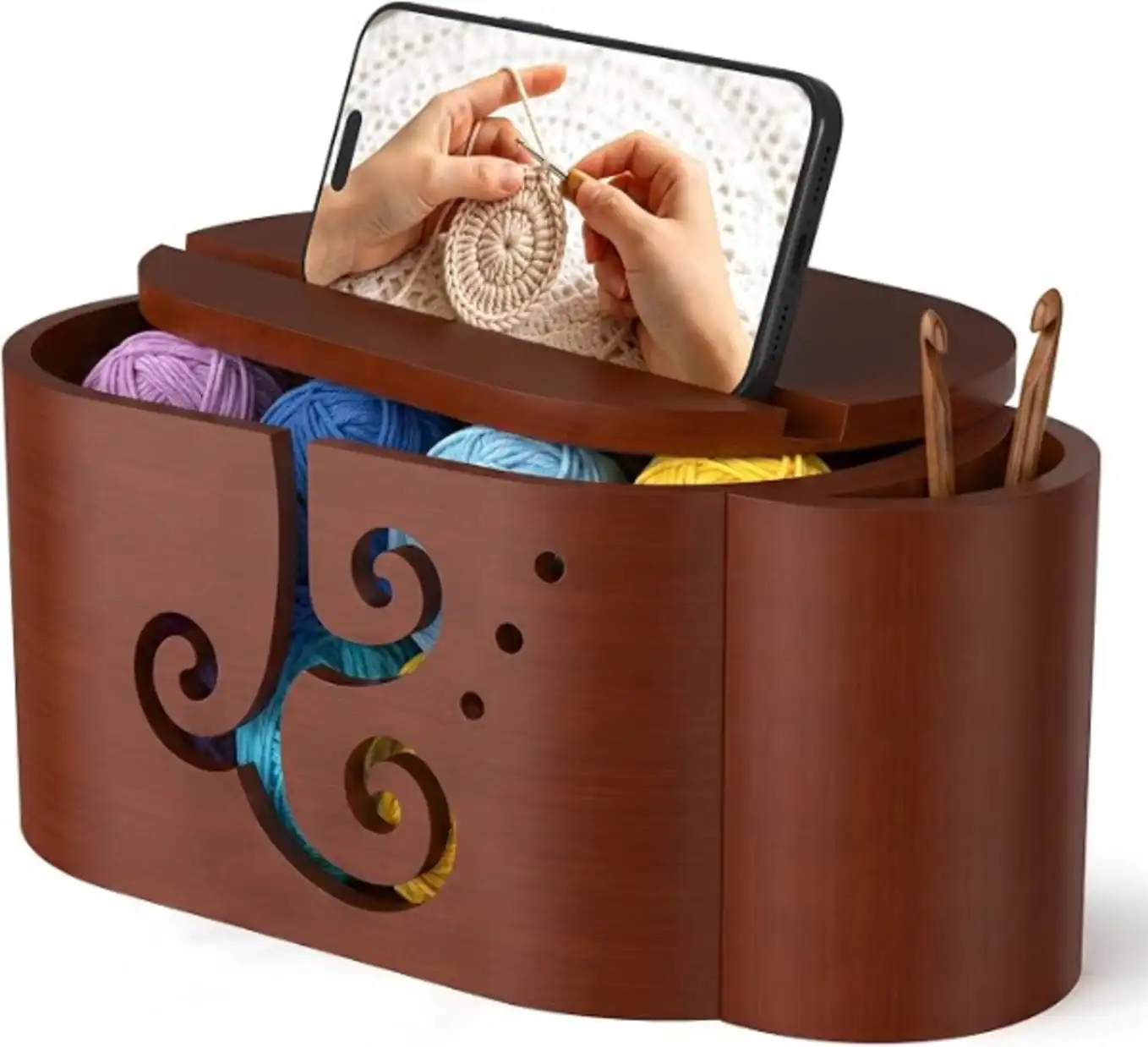 Hangerspace Large Capacity Wooden Yarn Bowl with Lid Detachable Magnetic Crochet Hook Holder and Phone Stand
