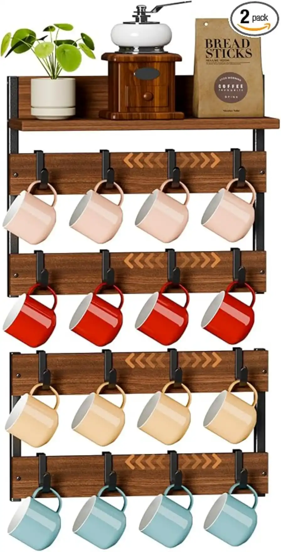 Dhmkfly 2-in-1 Coffee Cup Holder Wall Mounted 4-Tier Wooden Mug Rack with Display Shelf