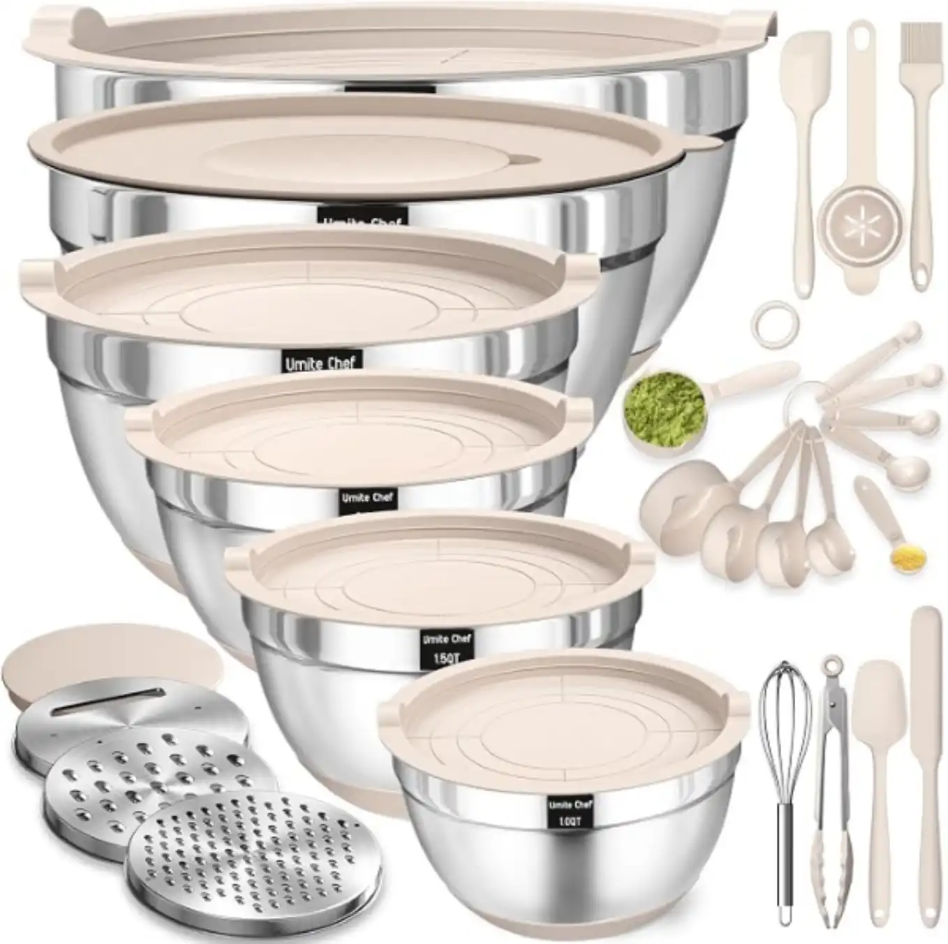Umite Chef 26PCS Stainless Steel Mixing Bowls Set with Airtight Lids Grater Attachments Non-Slip Khaki