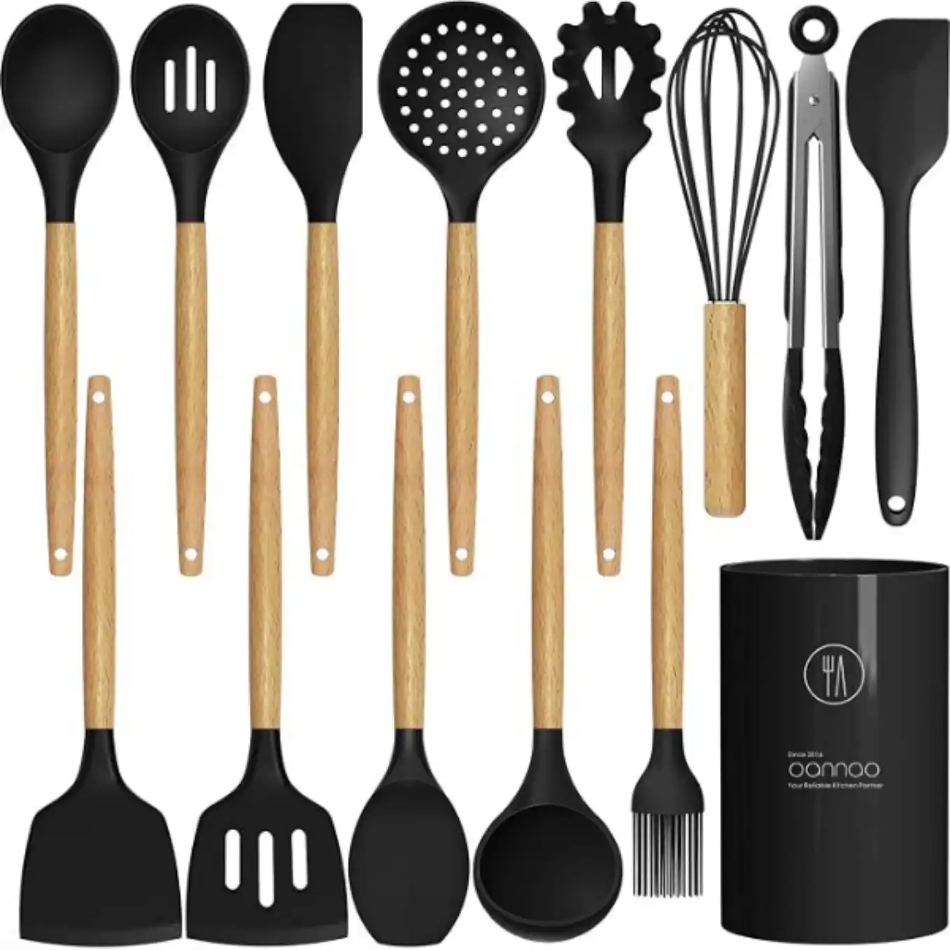 oannao 13 Piece Silicone Cooking Utensils Set with Wooden Handles and Holder