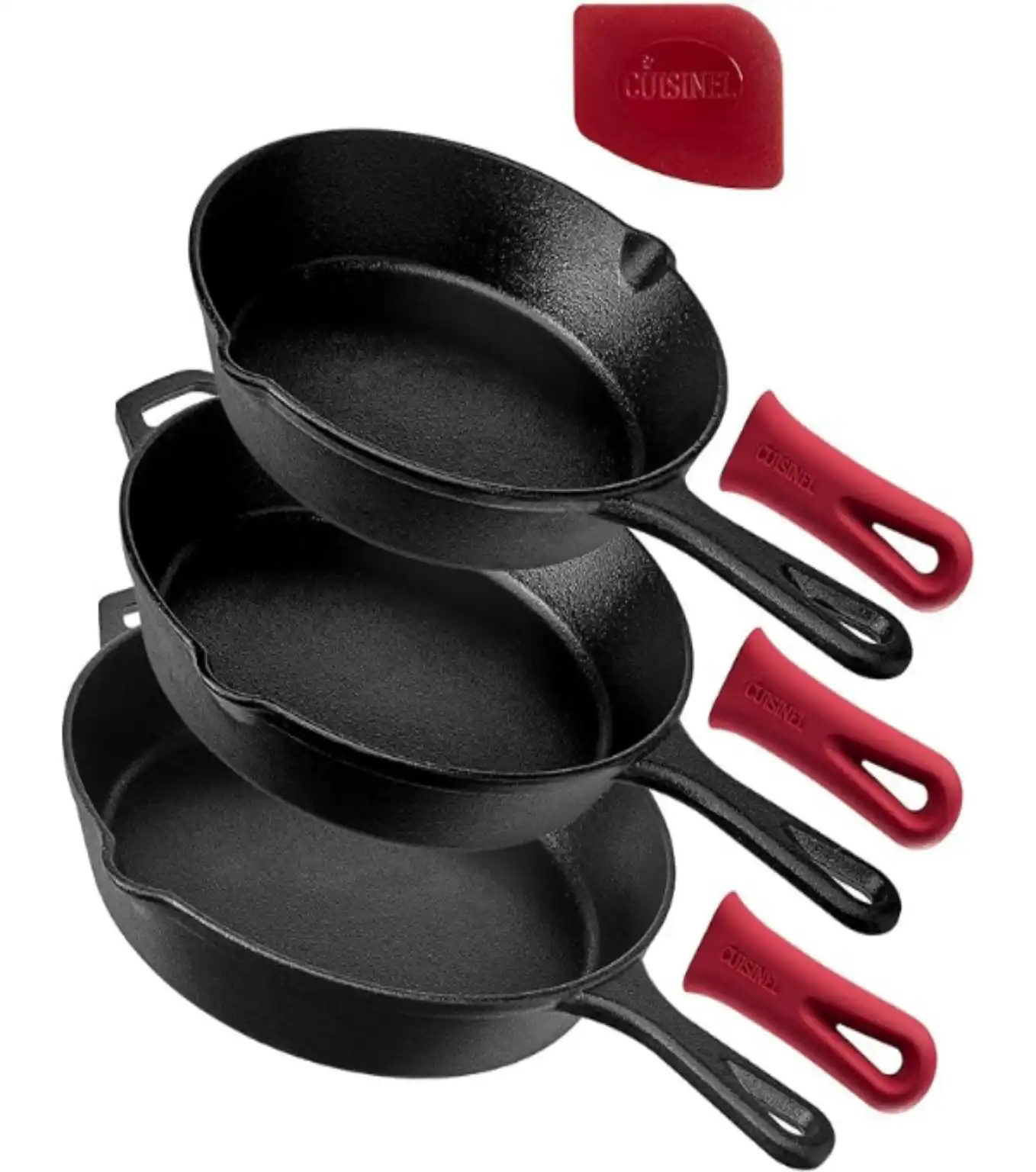Cuisinel Pre-Seasoned Cast Iron Skillet Set with Silicone Handle Covers