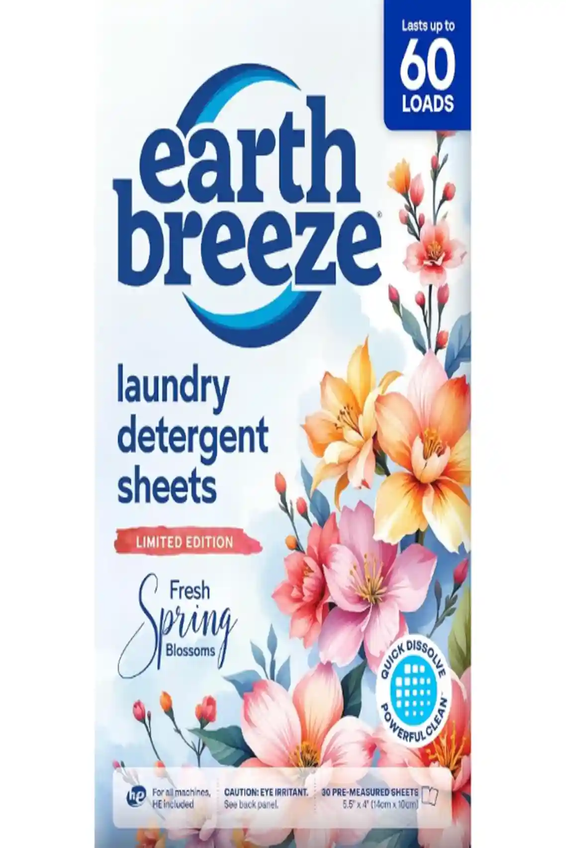 Earth Breeze Laundry Detergent Sheets Fresh Spring Blossoms 60 Loads Eco Friendly Wash