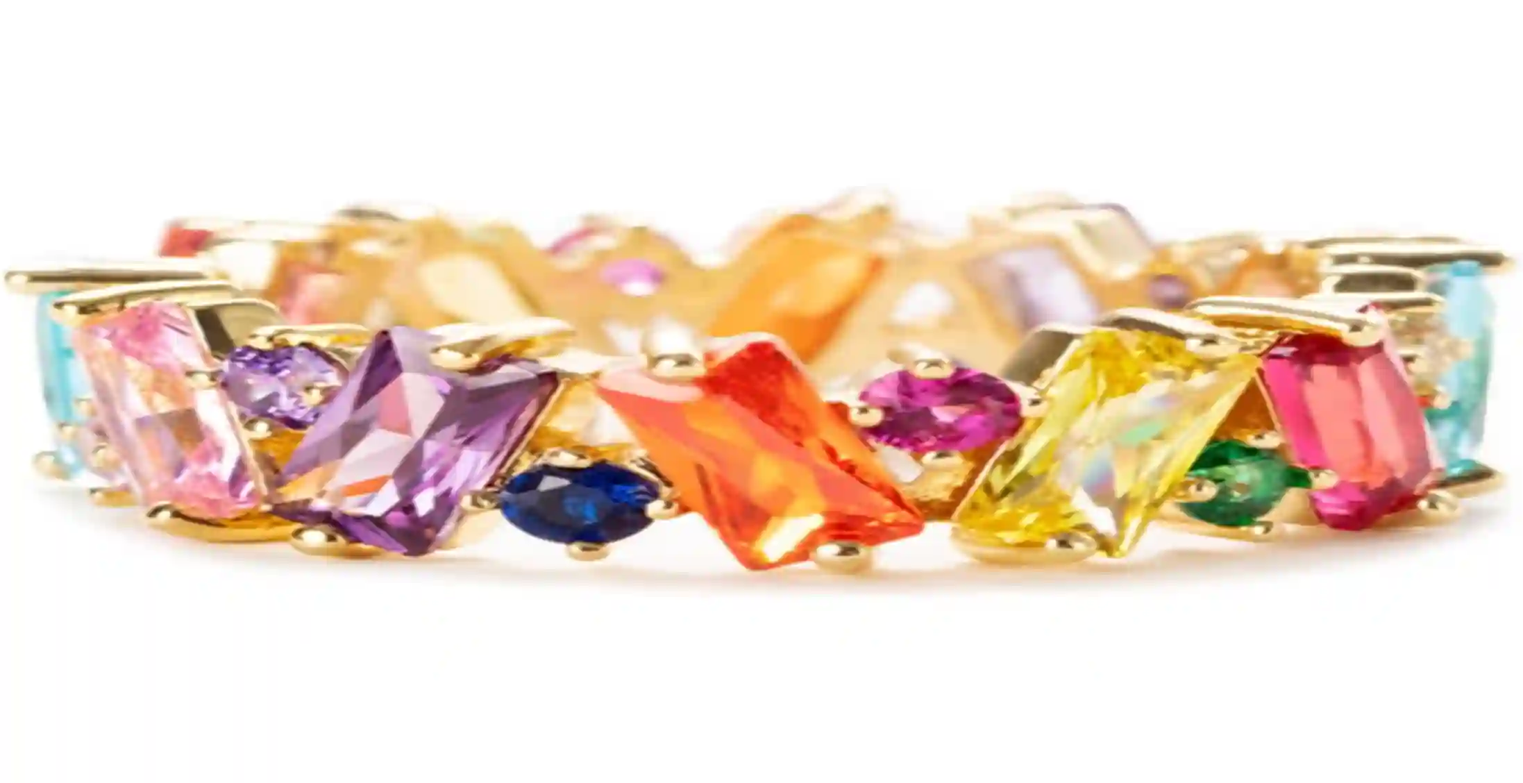 STORYJEWELLERY Rainbow Baguette Ring Colorful 18K Gold Plated Cubic Zirconia Eternity Band