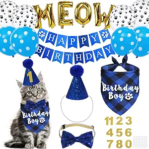 Cat Birthday Party Supplies – Birthday Hat with Numbers, Bandana, Bow Tie, Banner, & MEOW Balloons (Blue)