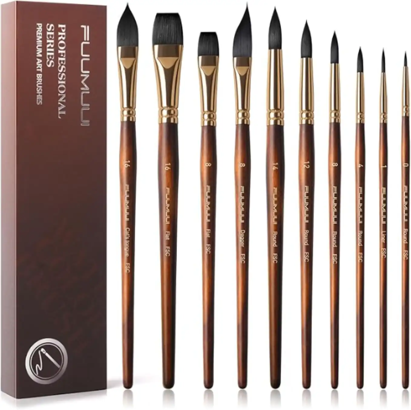 Fuumuui 10Pcs Synthetic Squirrel Hair Watercolor Paint Brush Set Professional Art Supplies