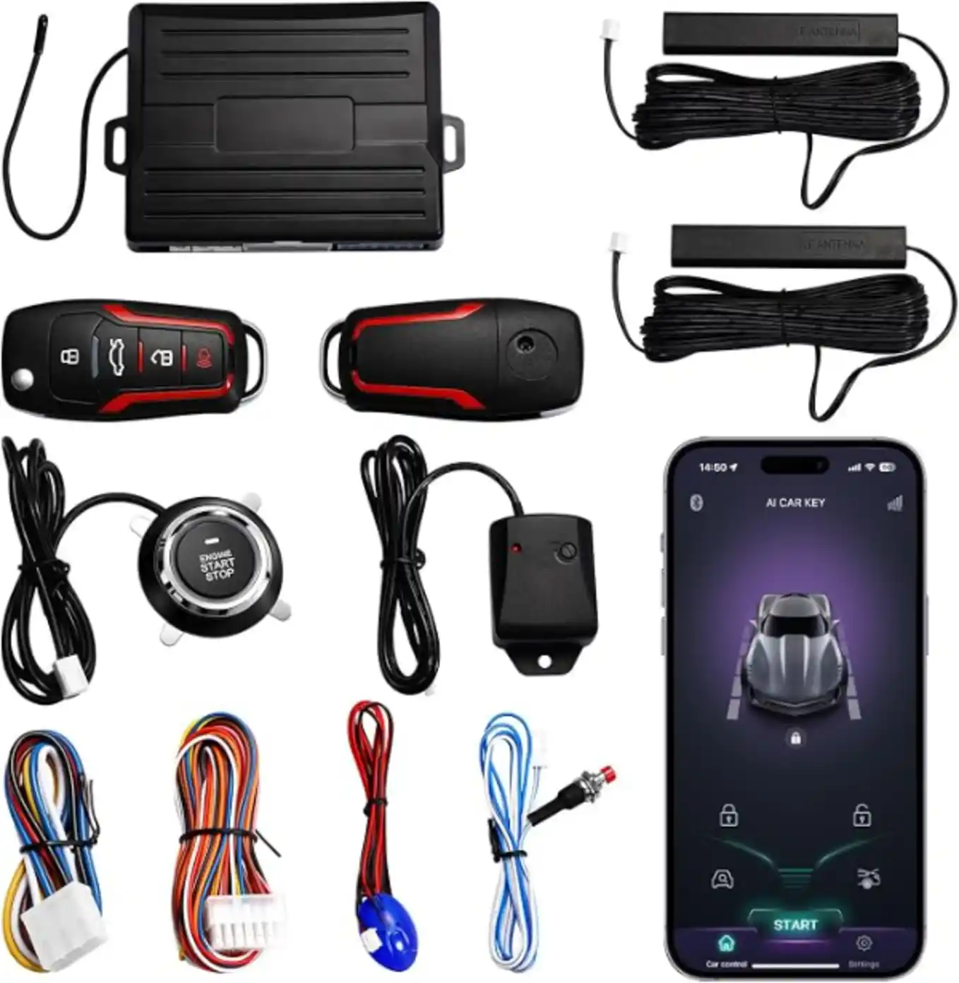 Universal Remote Start Kit with Push Start Button, Keyless Entry System, Bluetooth App Control, Car Alarm System, Push to Start Conversion Kit, Smart Keyless Ignition for 12V Vehicles