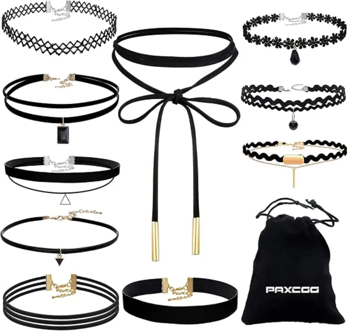 PAXCOO Black Choker Necklaces Set 10 Piece Adjustable for Women