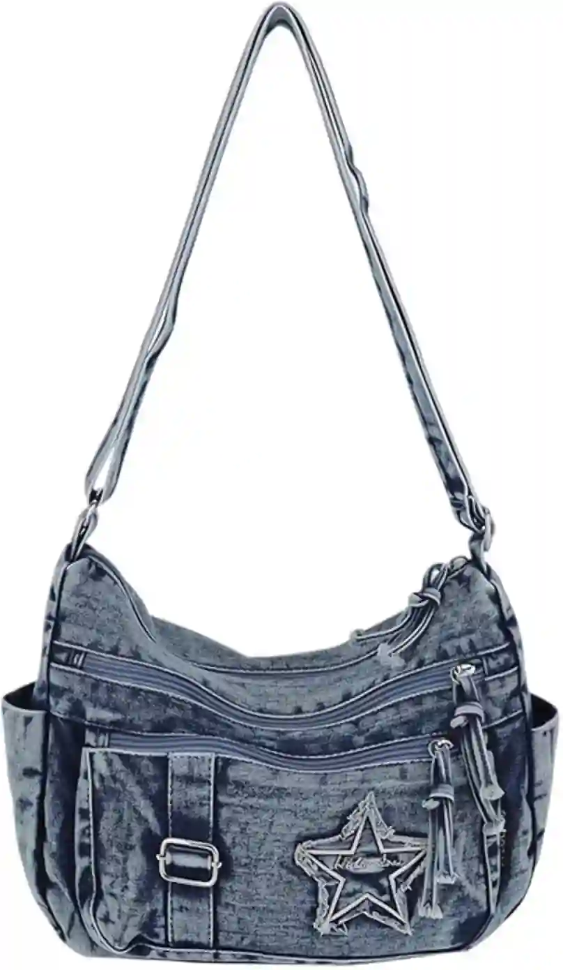 Y2K Vintage Denim Crossbody Bag Washed Blue Jean Hobo Purse with Star Patch
